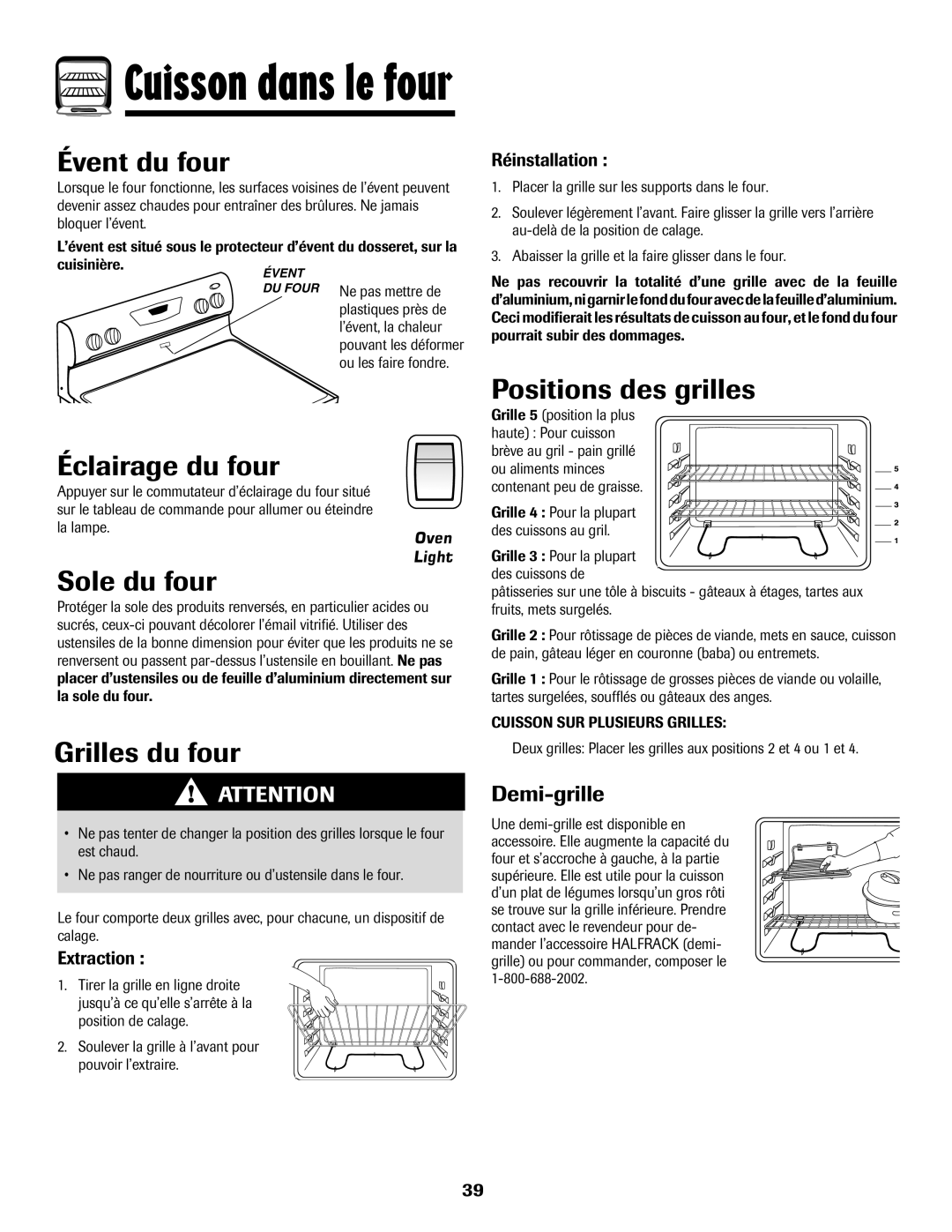 Amana Smoothtop Évent du four, Éclairage du four, Sole du four, Grilles du four, Positions des grilles 