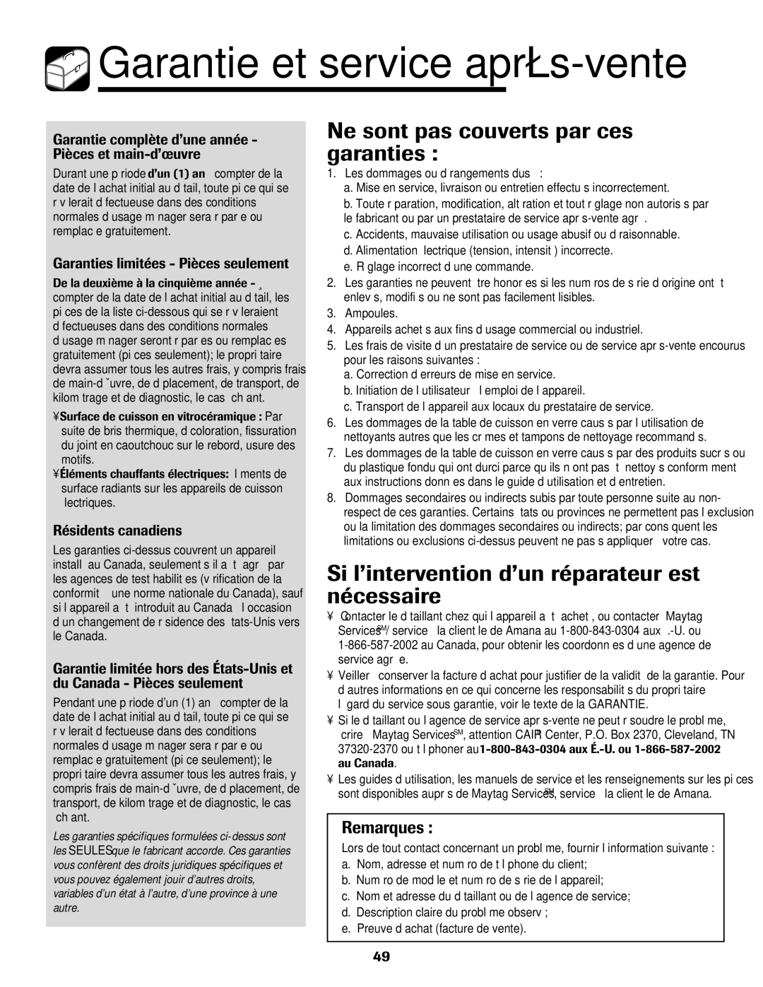 Amana Smoothtop important safety instructions Garantie et service après-vente, Ne sont pas couverts par ces garanties 