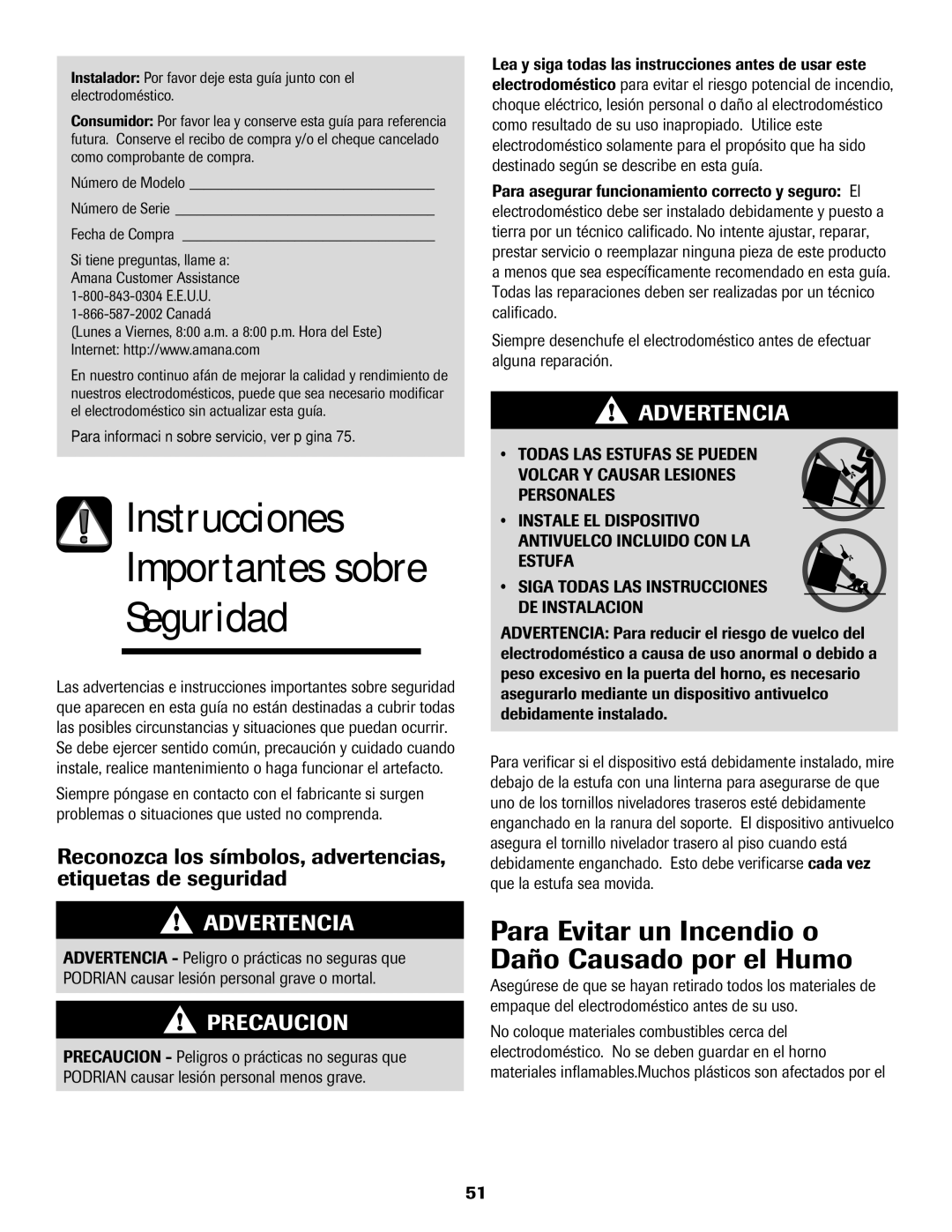 Amana Smoothtop important safety instructions Para Evitar un Incendio o Daño Causado por el Humo, Fecha de Compra, Canadá 