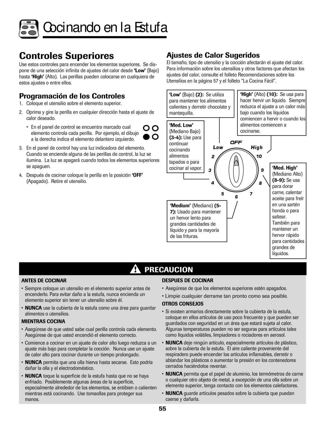 Amana Smoothtop Cocinando en la Estufa, Controles Superiores, Ajustes de Calor Sugeridos, Programación de los Controles 