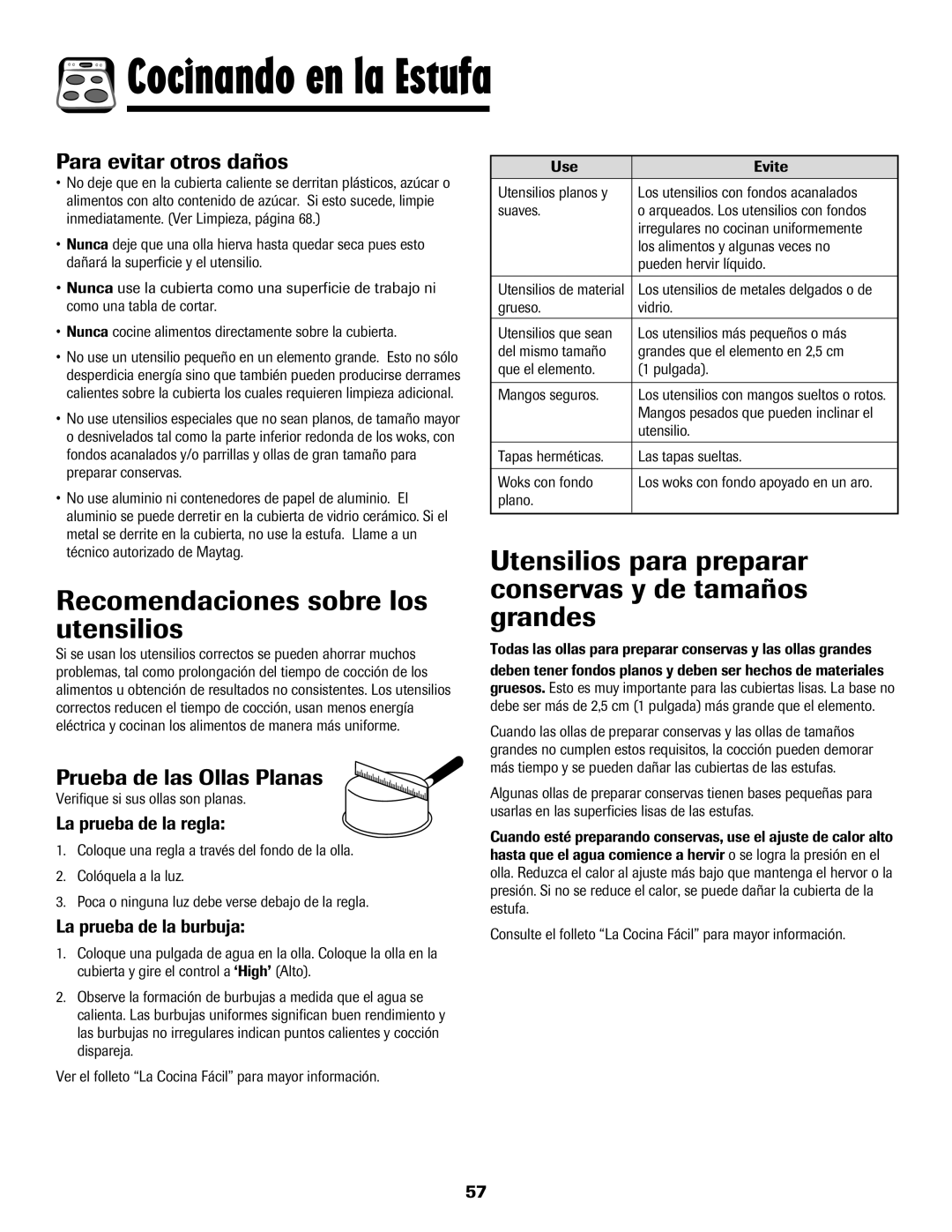 Amana Smoothtop Recomendaciones sobre los utensilios, Utensilios para preparar conservas y de tamaños grandes 