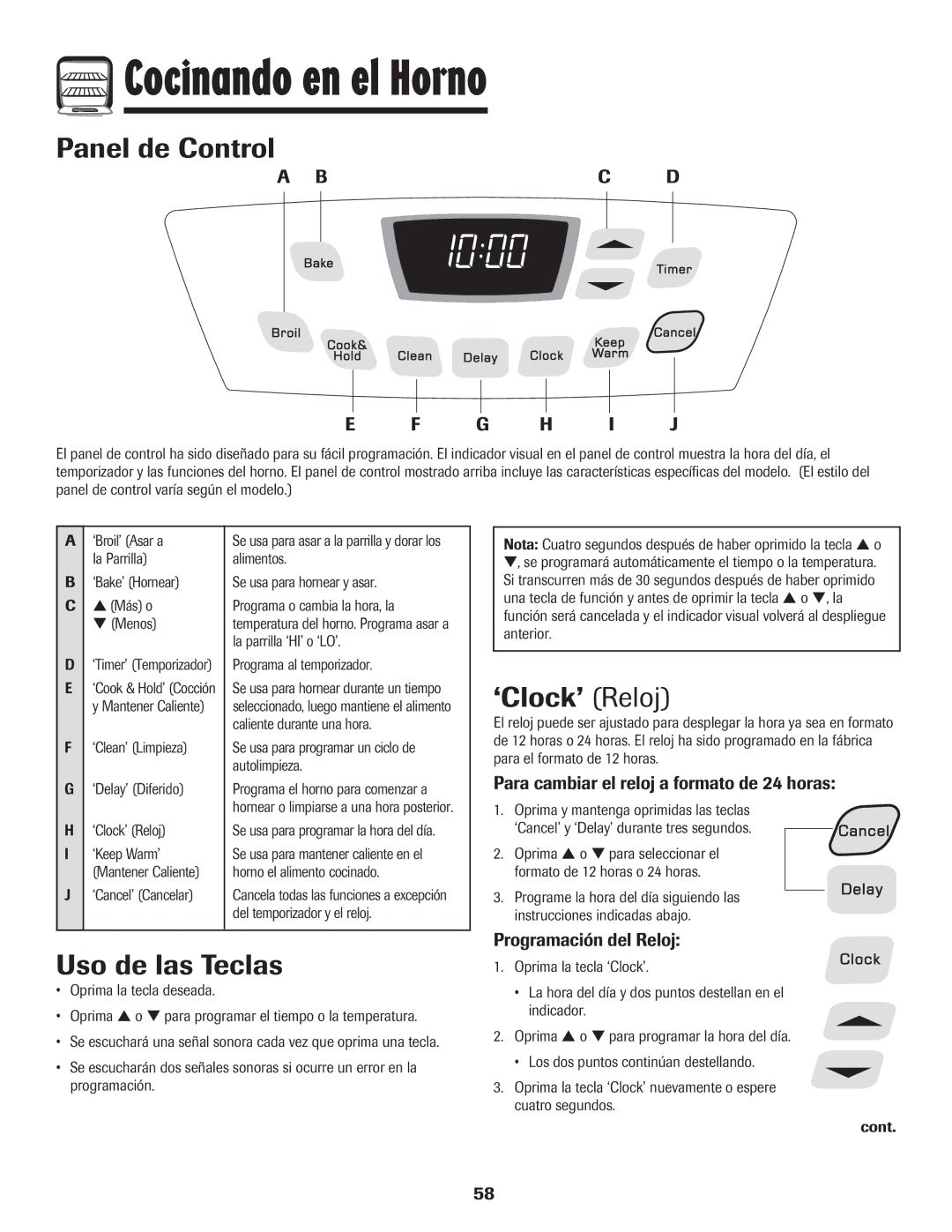 Amana Smoothtop important safety instructions Cocinando en el Horno, Panel de Control, Uso de las Teclas, ‘Clock’ Reloj 