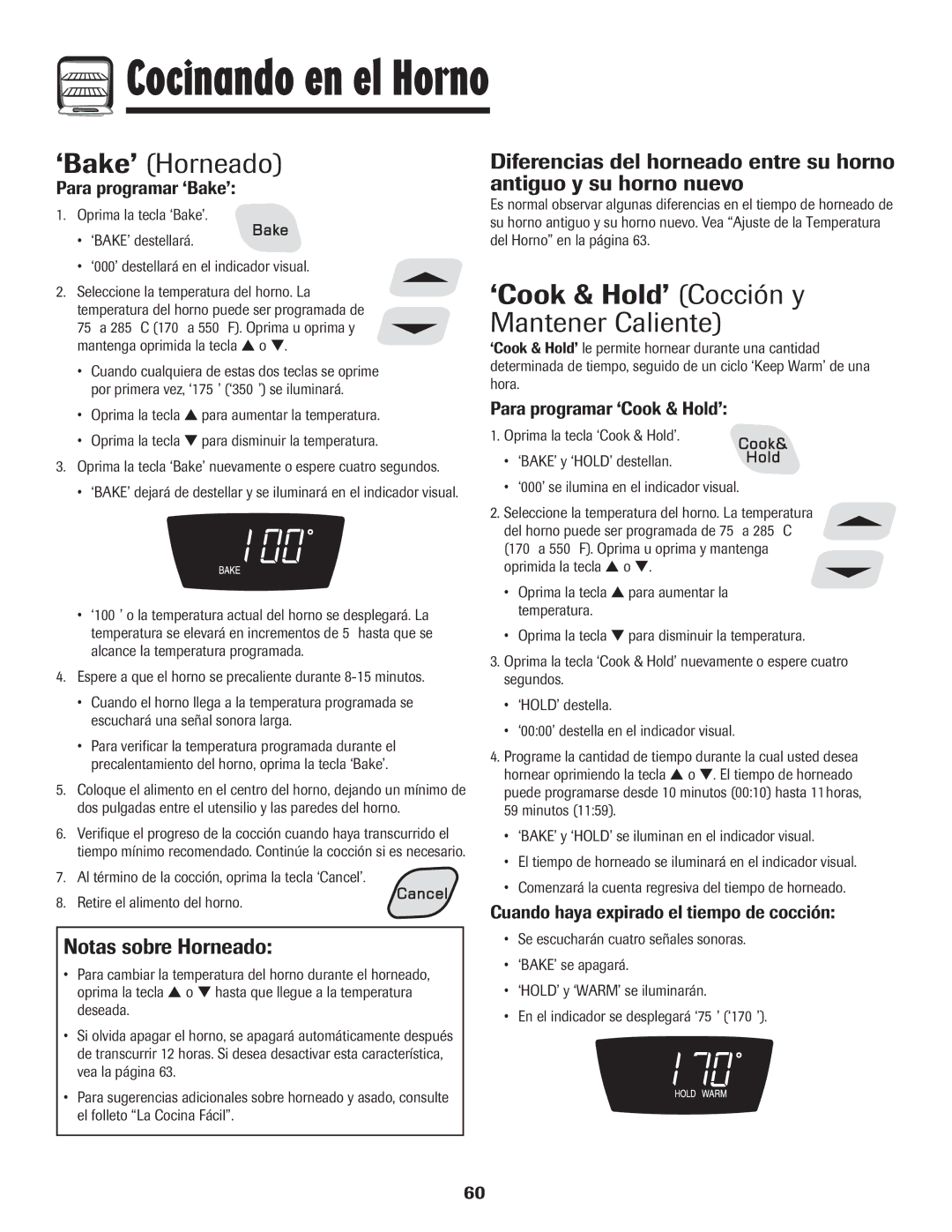 Amana Smoothtop ‘Bake’ Horneado, ‘Cook & Hold’ Cocción y Mantener Caliente, Notas sobre Horneado 