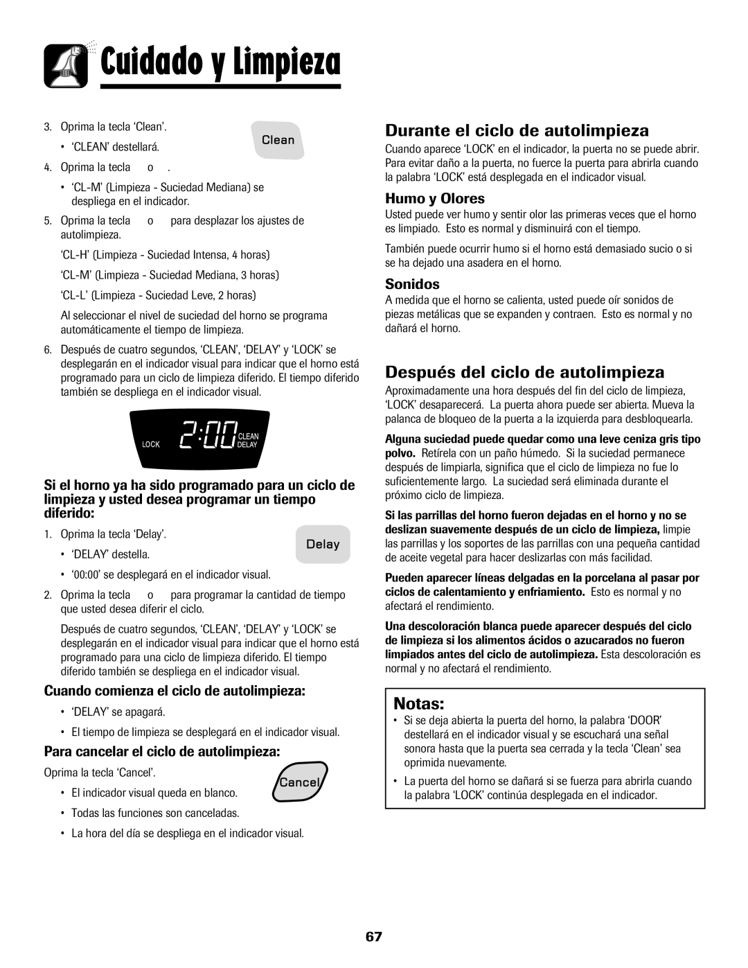 Amana Smoothtop important safety instructions Durante el ciclo de autolimpieza, Después del ciclo de autolimpieza, Notas 