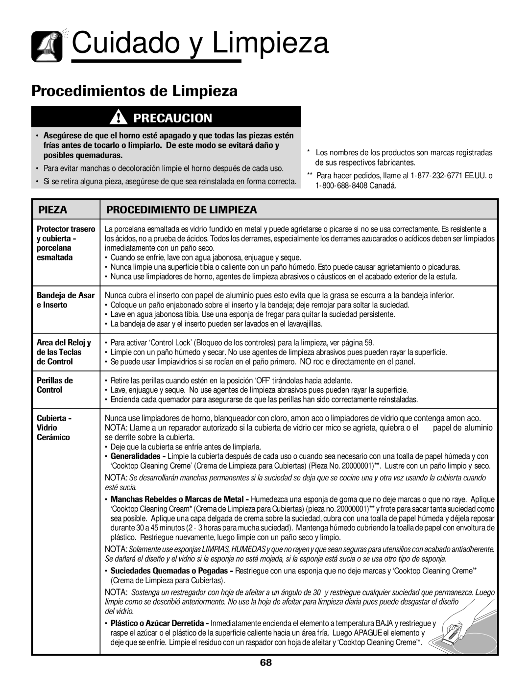 Amana Smoothtop important safety instructions Procedimientos de Limpieza, Pieza Procedimiento DE Limpieza 