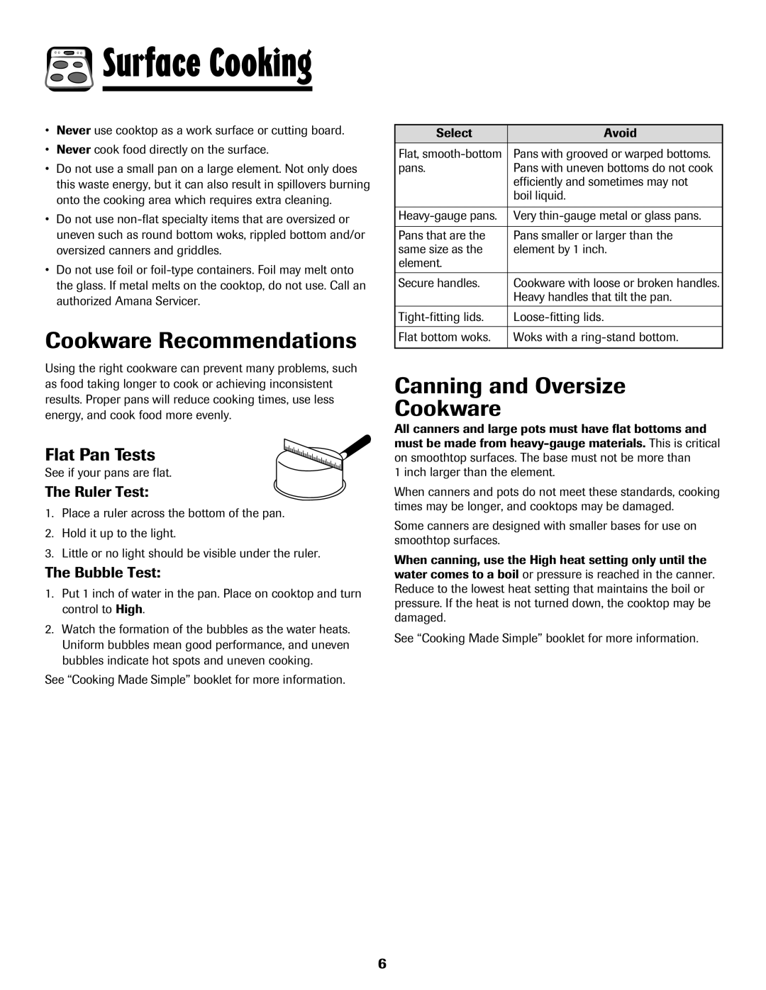 Amana Smoothtop Cookware Recommendations, Canning and Oversize Cookware, Flat Pan Tests, Ruler Test, Bubble Test 