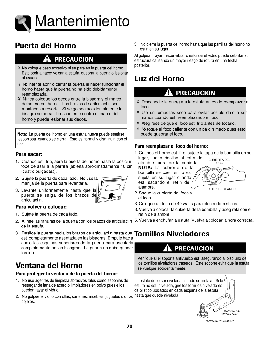 Amana Smoothtop Mantenimiento, Puerta del Horno, Ventana del Horno, Luz del Horno, Tornillos Niveladores 