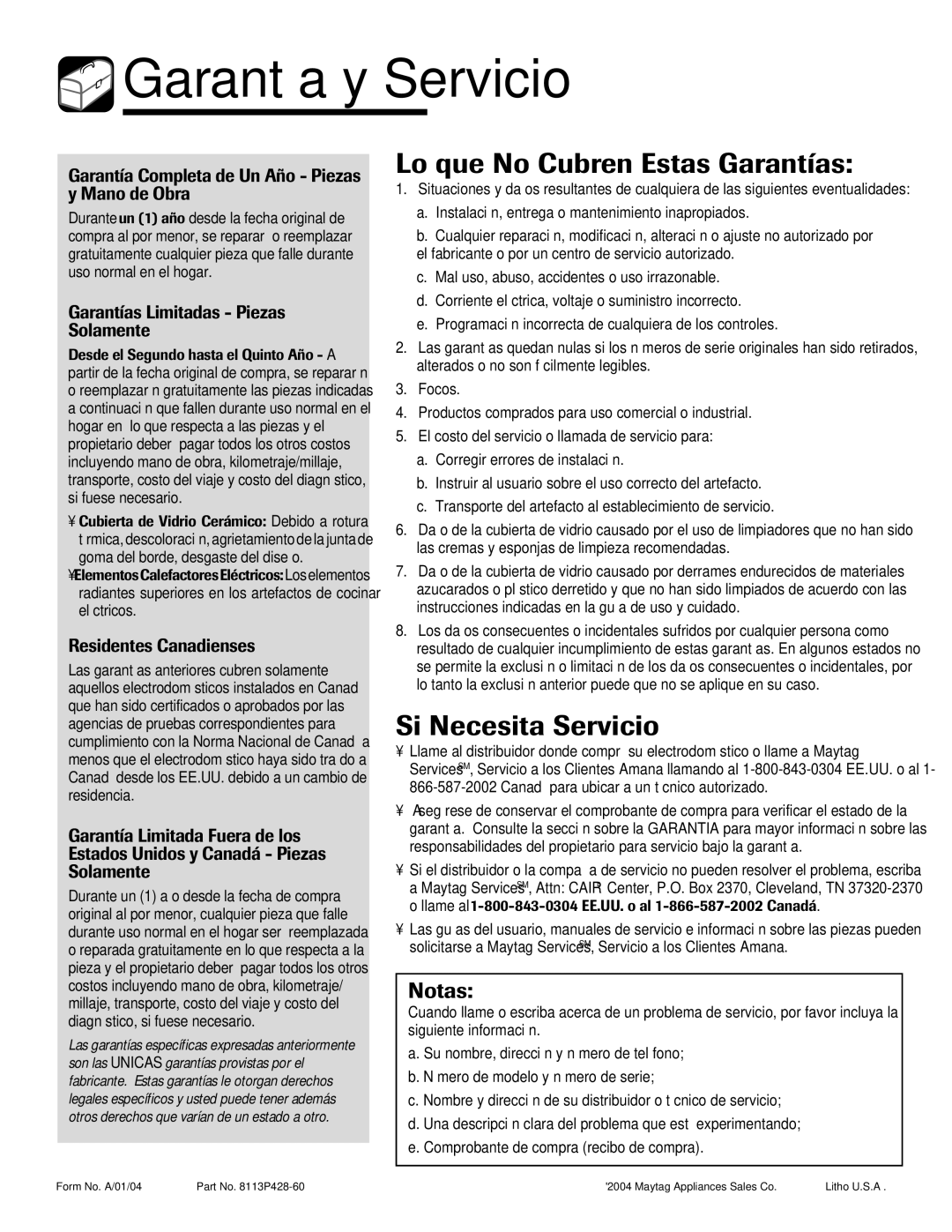 Amana Smoothtop important safety instructions Garantía y Servicio, Lo que No Cubren Estas Garantías, Si Necesita Servicio 