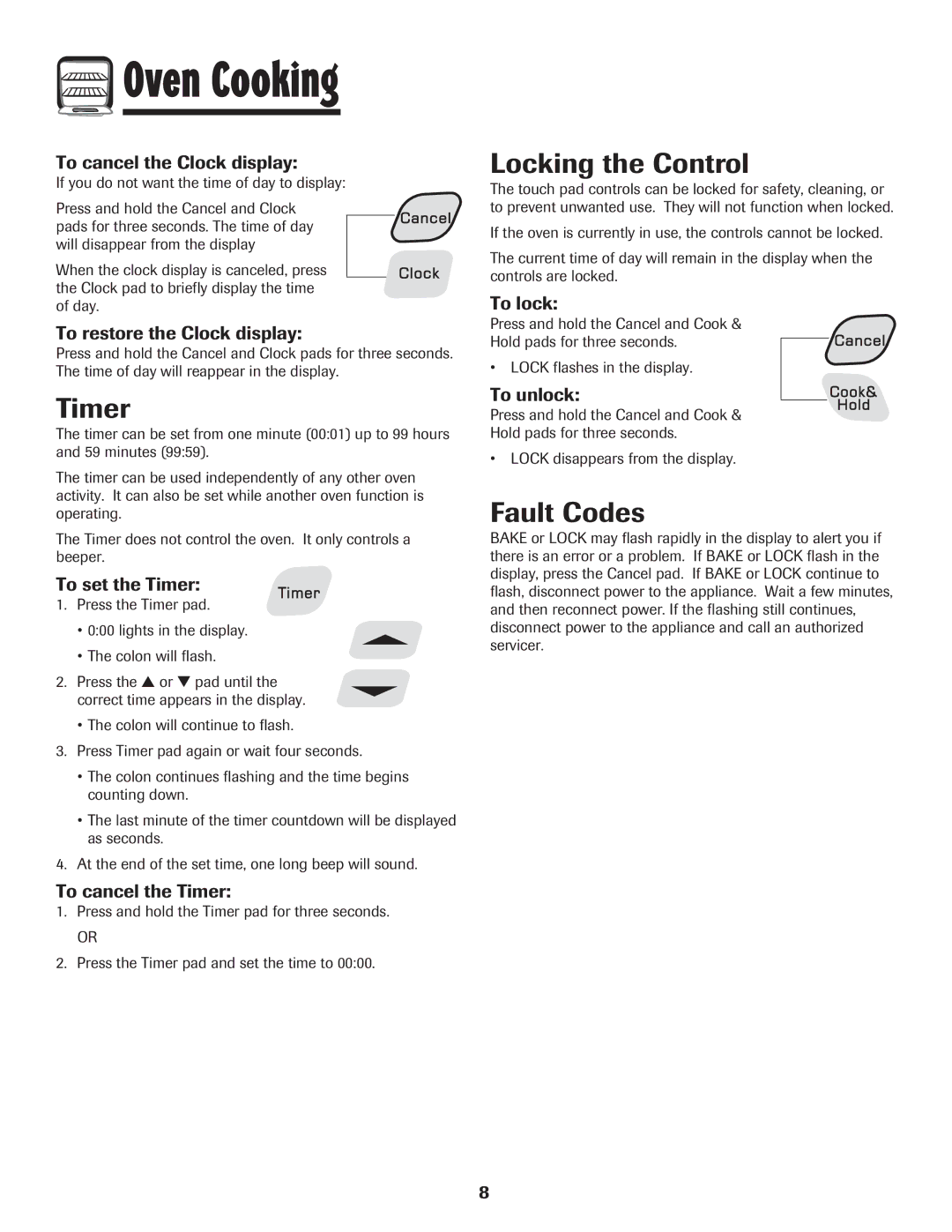 Amana Smoothtop important safety instructions Timer, Locking the Control, Fault Codes 