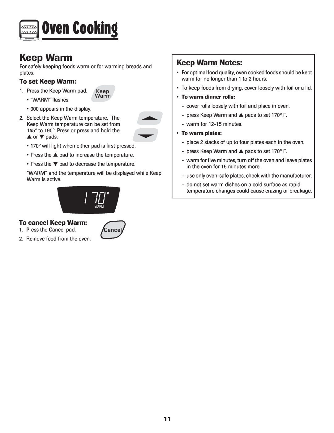 Amana Smoothtop important safety instructions Keep Warm Notes, To set Keep Warm, To cancel Keep Warm, Oven Cooking 