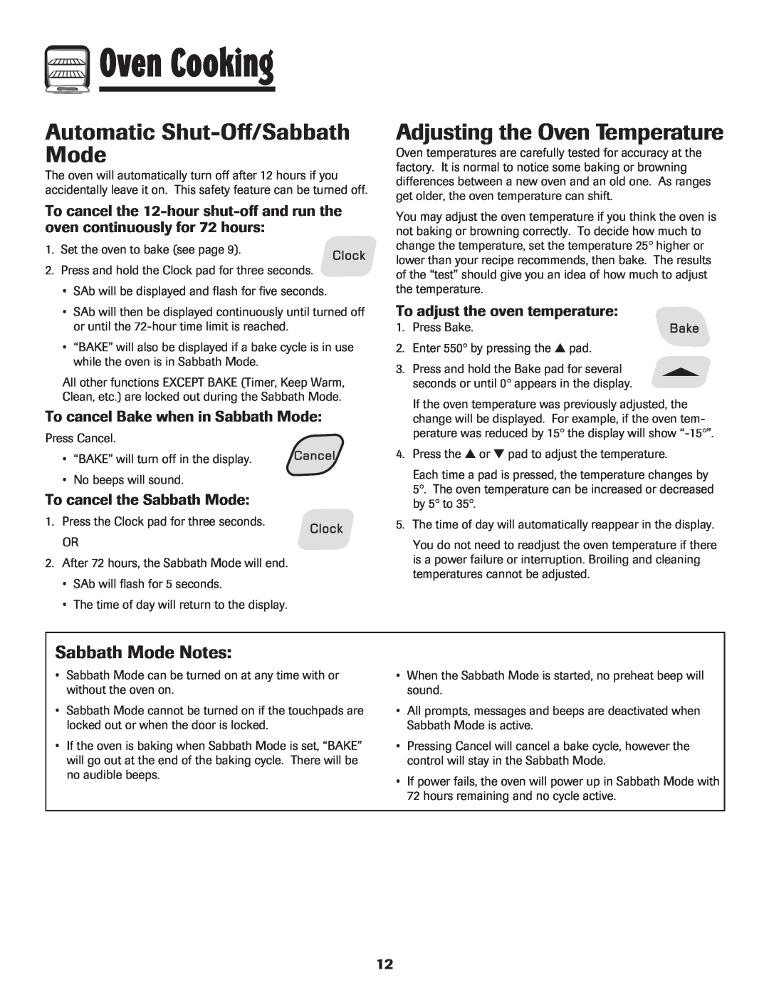 Amana Smoothtop Automatic Shut-Off/Sabbath Mode, Adjusting the Oven Temperature, Sabbath Mode Notes, Oven Cooking 
