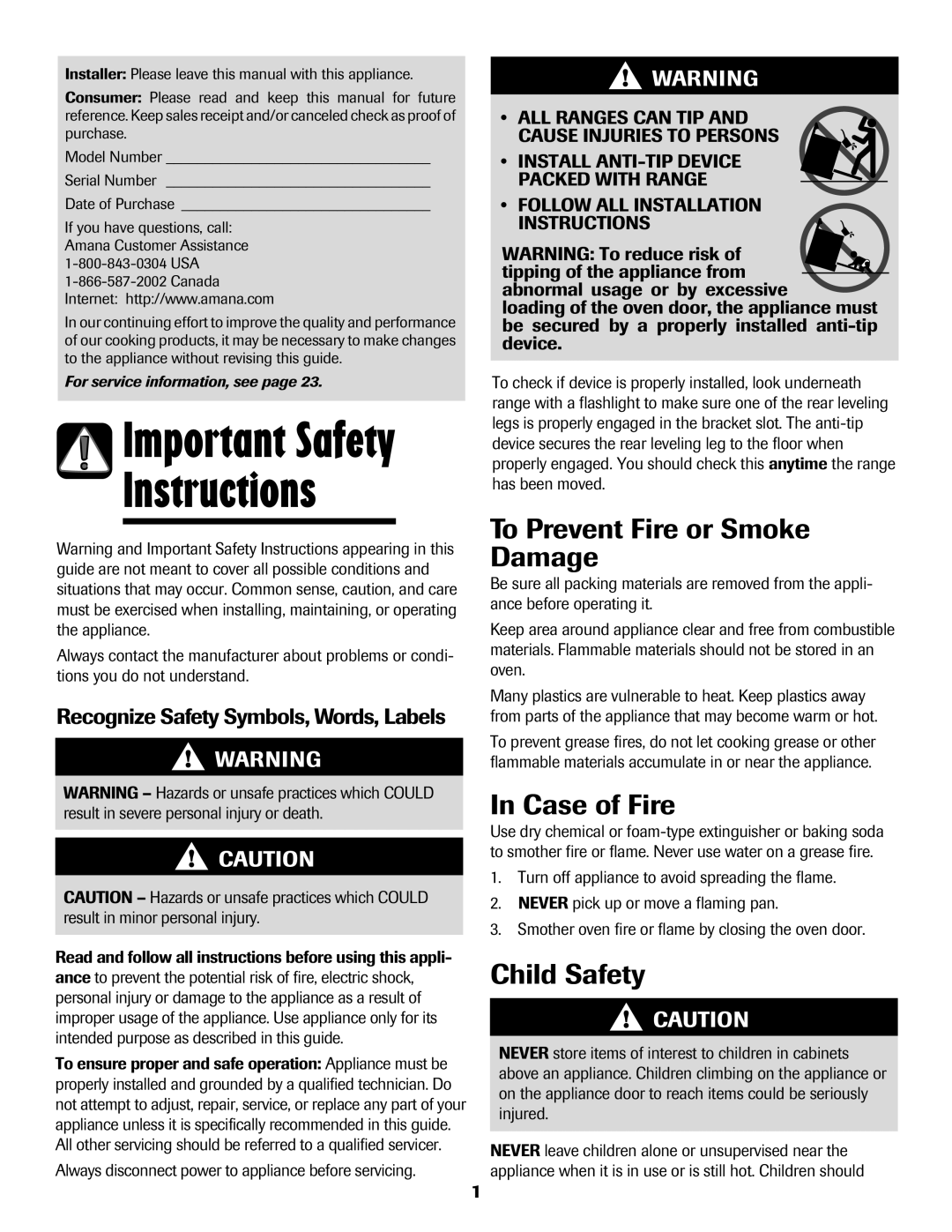 Amana Smoothtop Instructions, Important Safety, To Prevent Fire or Smoke Damage, In Case of Fire, Child Safety 