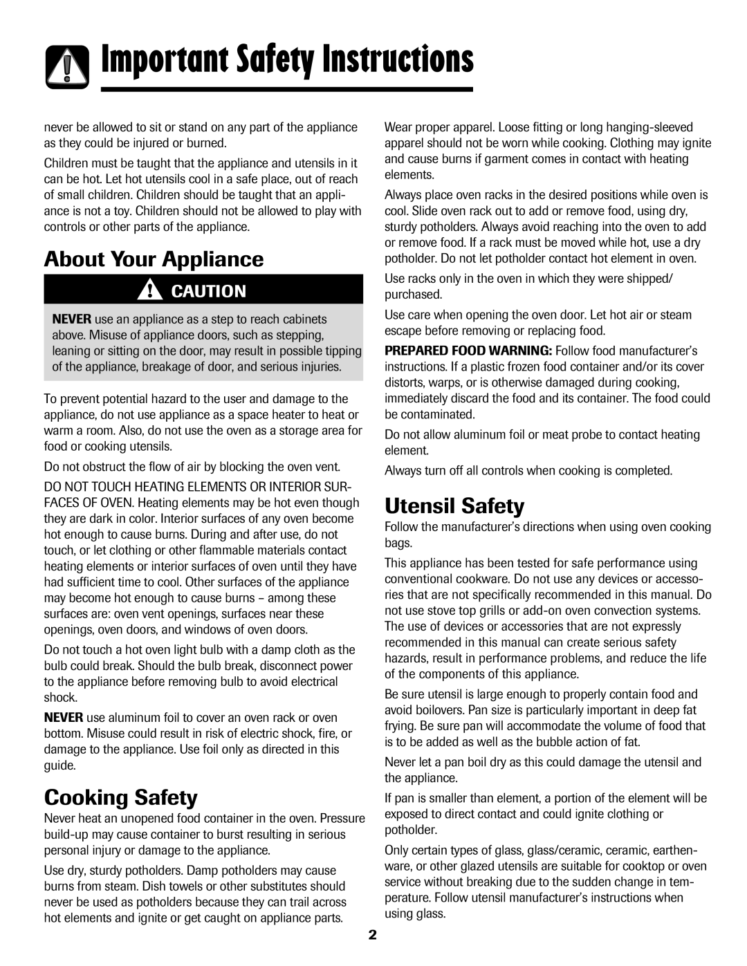 Amana Smoothtop Important Safety Instructions, About Your Appliance, Cooking Safety, Utensil Safety 