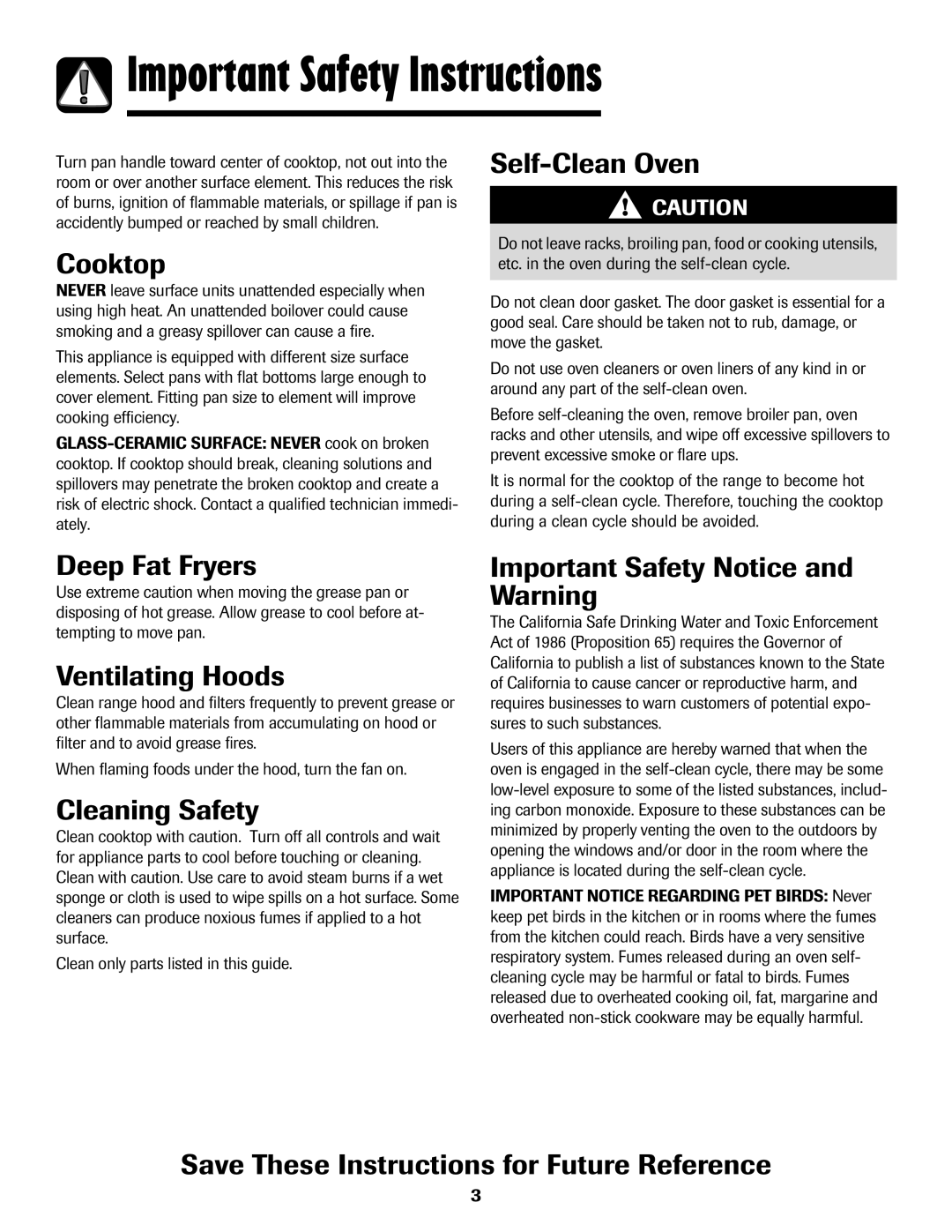 Amana Smoothtop important safety instructions Cooktop, Self-Clean Oven, Deep Fat Fryers, Ventilating Hoods, Cleaning Safety 