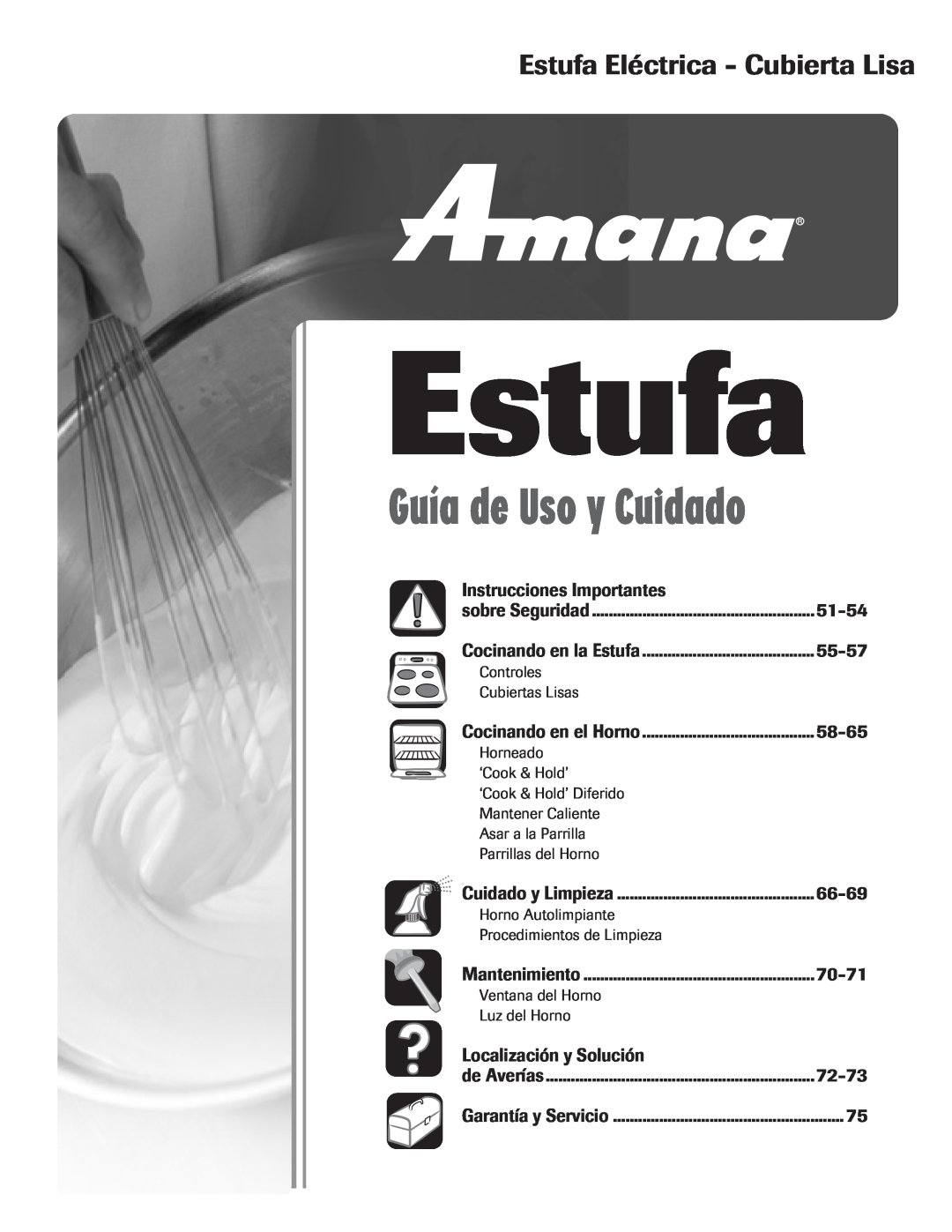 Amana Smoothtop Guía de Uso y Cuidado, Estufa Eléctrica - Cubierta Lisa, Instrucciones Importantes, 51-54, 55-57 