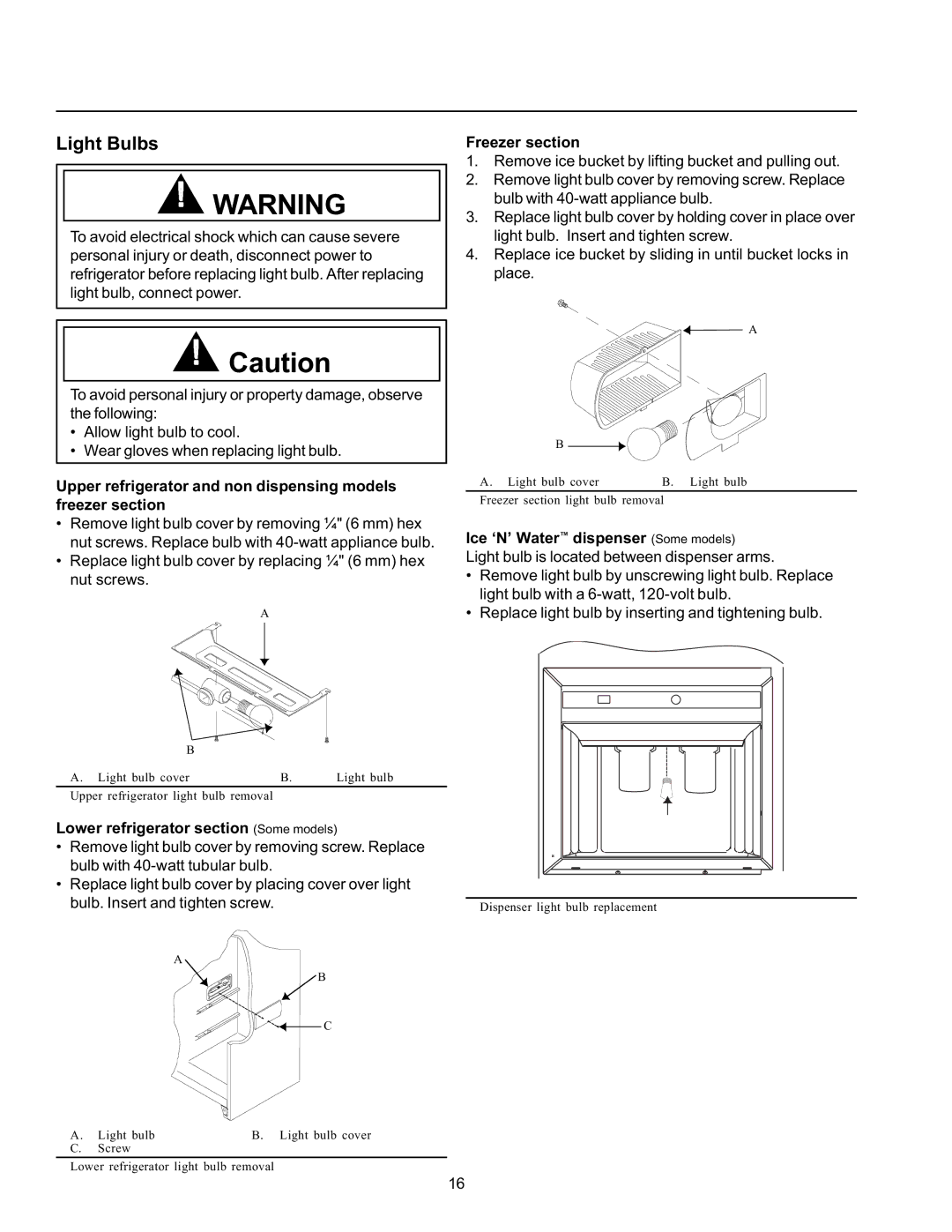 Amana SBDE21VPE, SRD26VE, SBDE21VPSE, SBD21VL, SBD21VE Light Bulbs, Lower refrigerator section Some models, Freezer section 