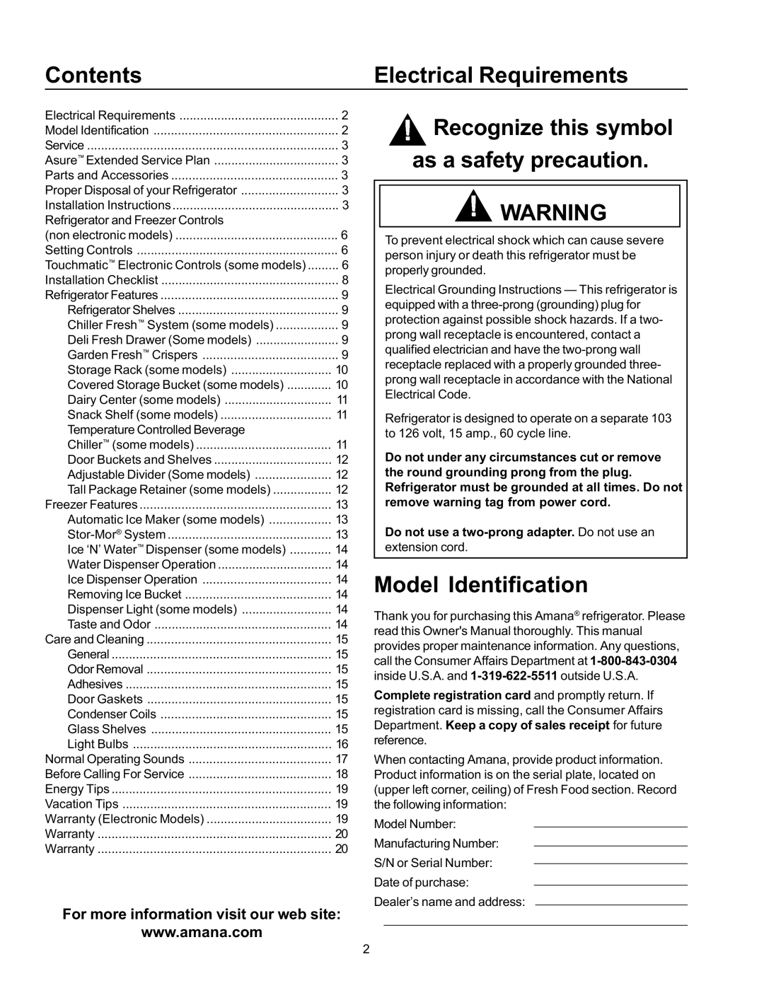 Amana SBD21VL Contents Electrical Requirements, Recognize this symbol As a safety precaution, Model Identification 