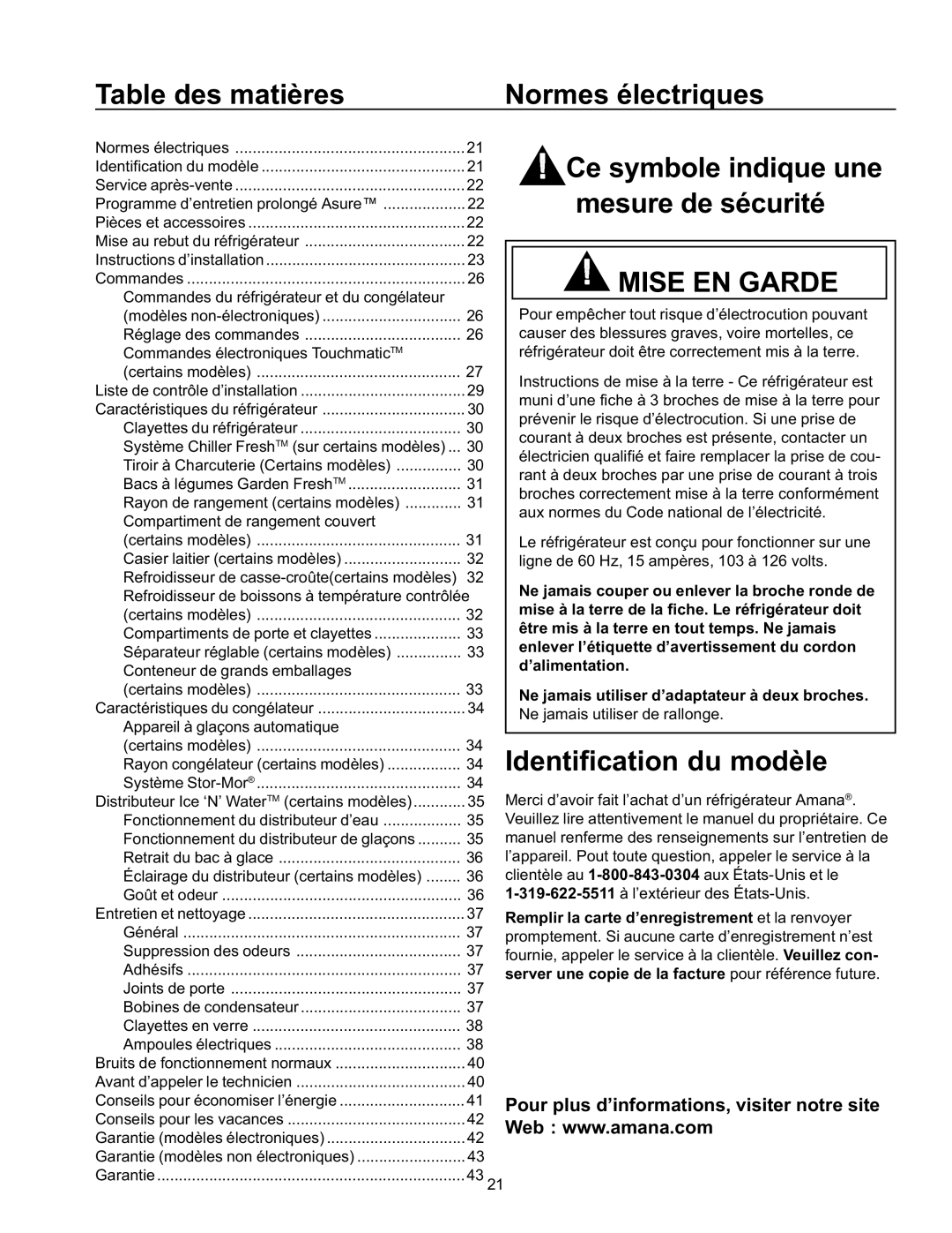 Amana SRD23VPE Table des matières Normes électriques, Ce symbole indique une Mesure de sécurité, Identification du modèle 