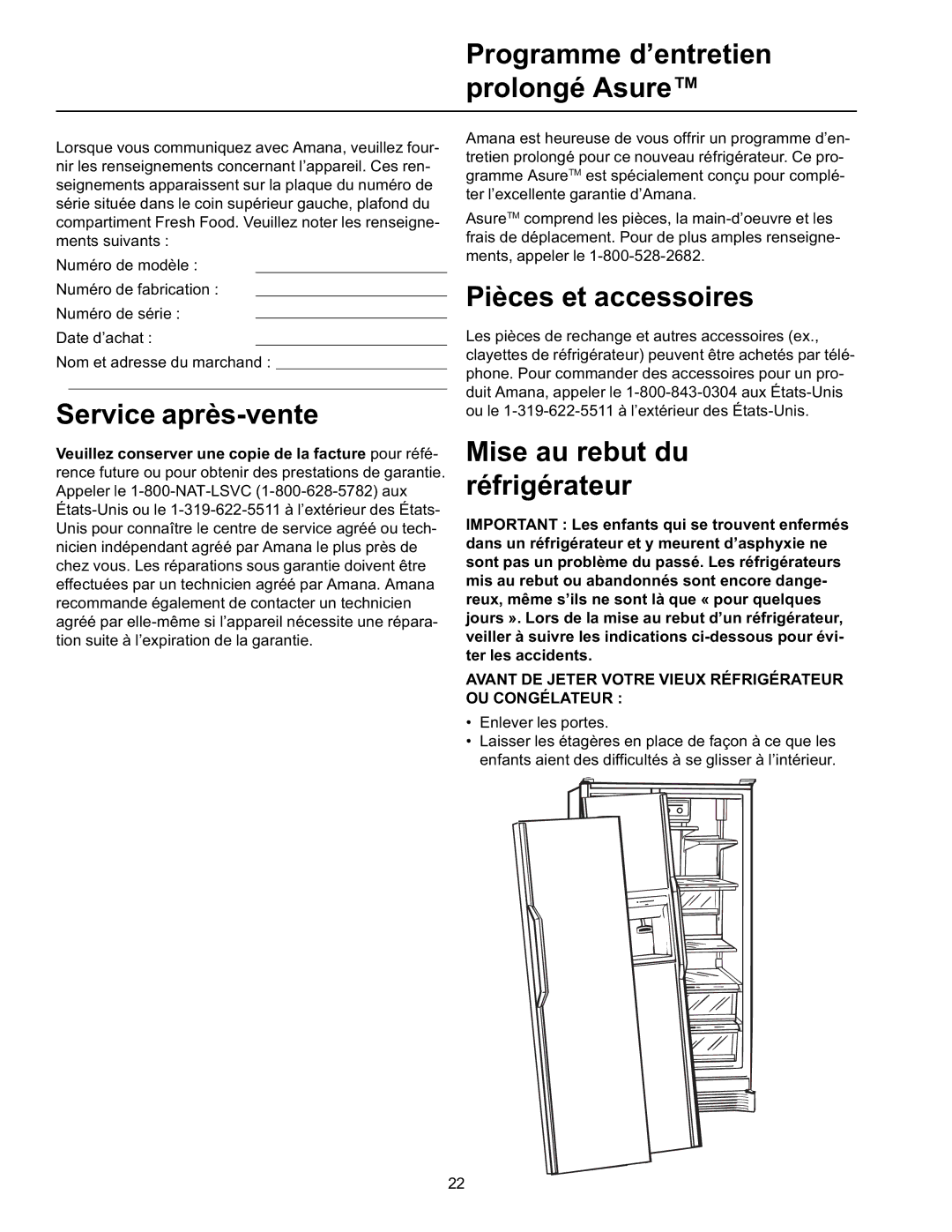 Amana SRD21VL, SRD26VE, SBDE21VPSE, SBD21VL Programme d’entretien prolongé Asure, Service après-vente, Pièces et accessoires 