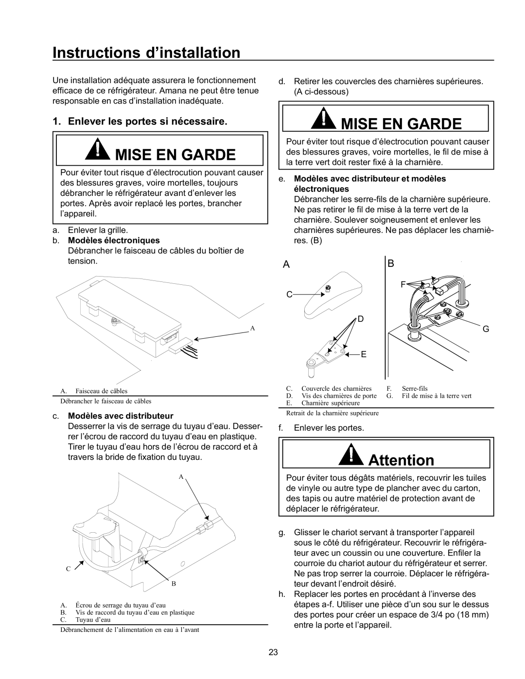 Amana SRD26VE, SBDE21VPSE, SBD21VL Instructions d’installation, Enlever les portes si nécessaire, Modèles électroniques 