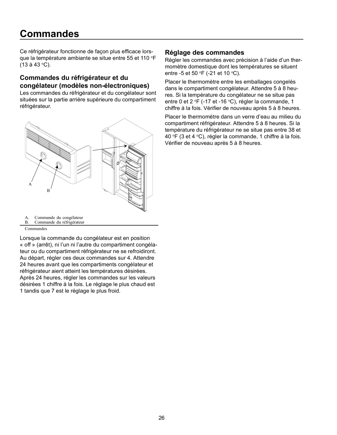 Amana SBD21VE, SRD26VE, SBDE21VPSE, SBD21VL, SRD21VW, SRD23VL, SBD21VPE, SRD23VPSE, SPD26VW Commandes, Réglage des commandes 