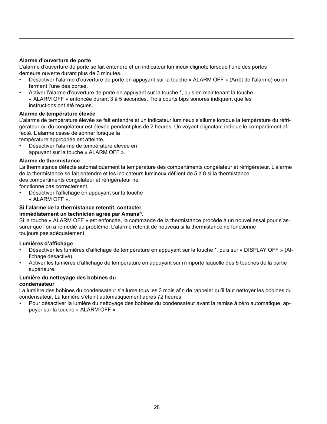 Amana SRD23VL Alarme d’ouverture de porte, Alarme de température élevée, Alarme de thermistance, Lumières d’affichage 