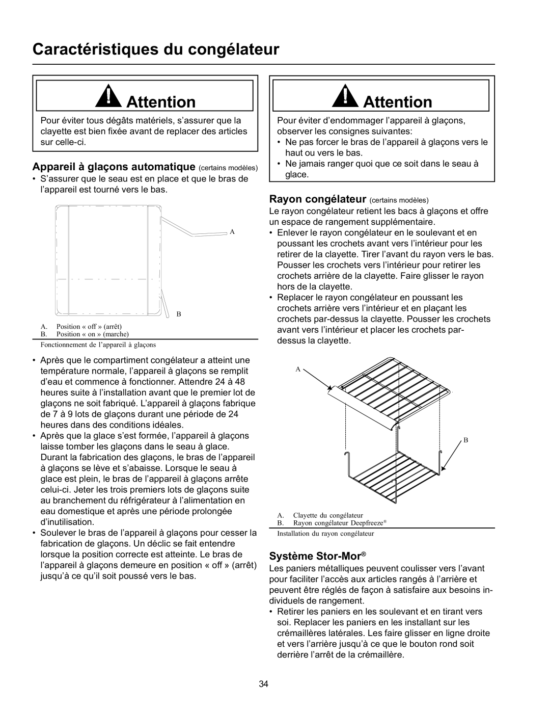 Amana SPD26VL, SRD26VE Caractéristiques du congélateur, Appareil à glaçons automatique certains modèles, Système Stor-Mor 