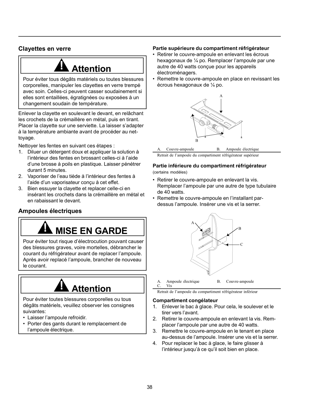 Amana SBD21VW, SRD26VE, SBD21VL Clayettes en verre, Ampoules électriques, Partie supérieure du compartiment réfrigérateur 