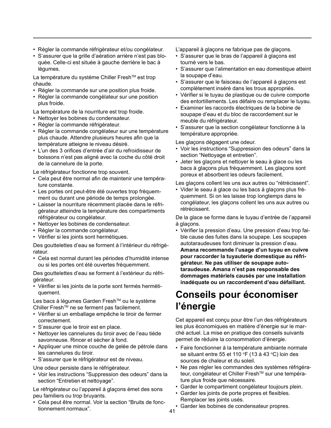 Amana SRD26VL, SRD26VE, SBDE21VPSE, SBD21VL, SBD21VE, SRD21VW, SRD23VL, SBD21VPE, SRD23VPSE Conseils pour économiser l’énergie 