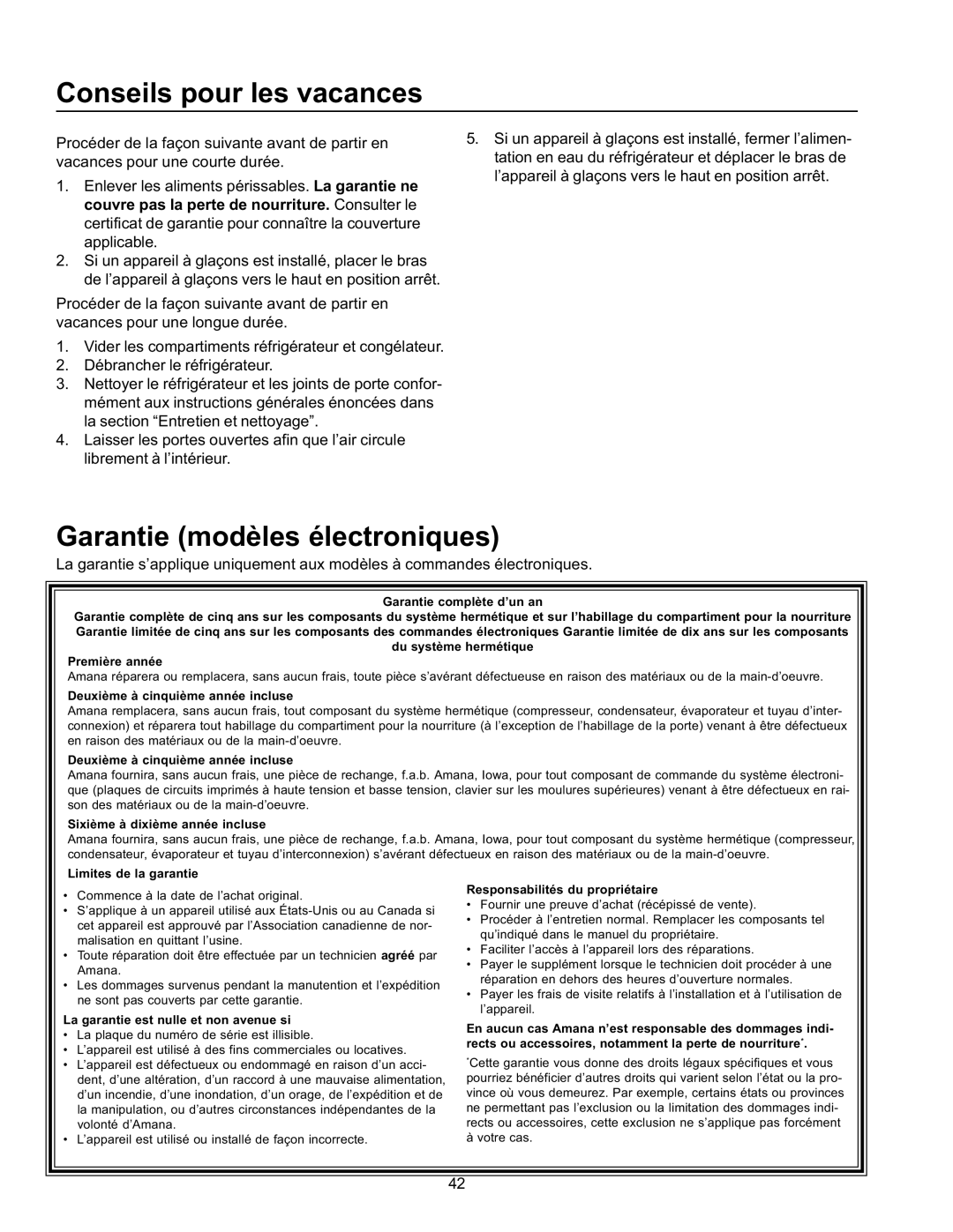 Amana SRD23VW, SRD26VE, SBDE21VPSE, SBD21VL, SBD21VE, SRD21VW Conseils pour les vacances, Garantie modèles électroniques 