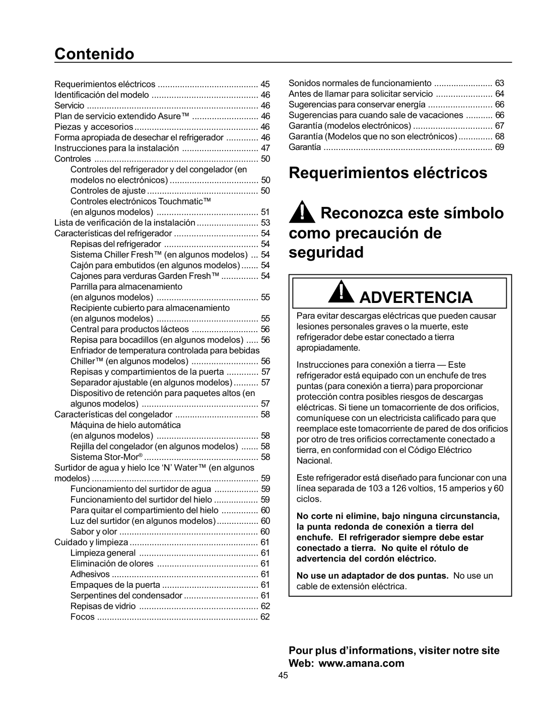 Amana SRD21VL, SRD26VE, SBDE21VPSE, SBD21VL, SBD21VE, SRD21VW, SRD23VL, SBD21VPE, SRD23VPSE, SPD26VW Contenido, Advertencia 