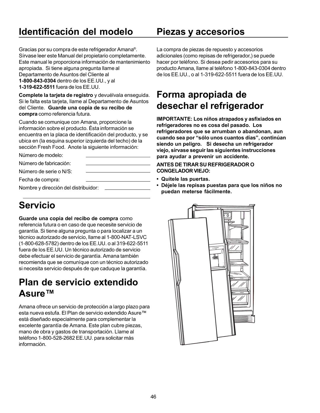 Amana SRD26VE, SBDE21VPSE Identificación del modelo Piezas y accesorios, Servicio, Plan de servicio extendido Asure 