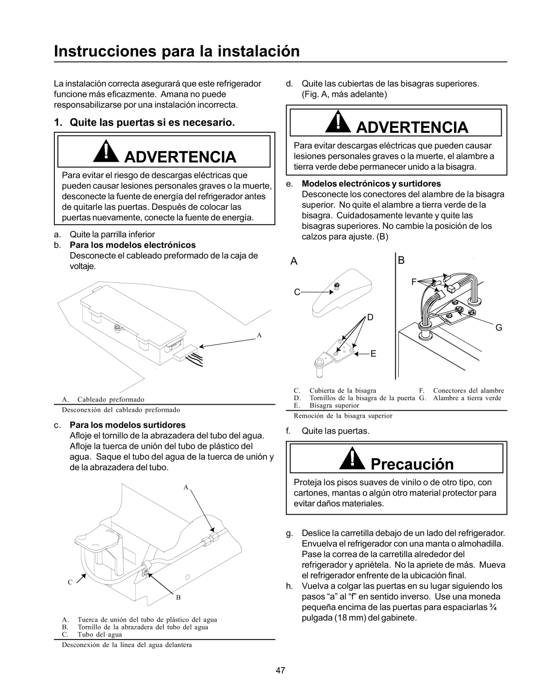 Amana SBDE21VPSE, SRD26VE, SBD21VL, SBD21VE Instrucciones para la instalación, Precaución, Quite las puertas si es necesario 