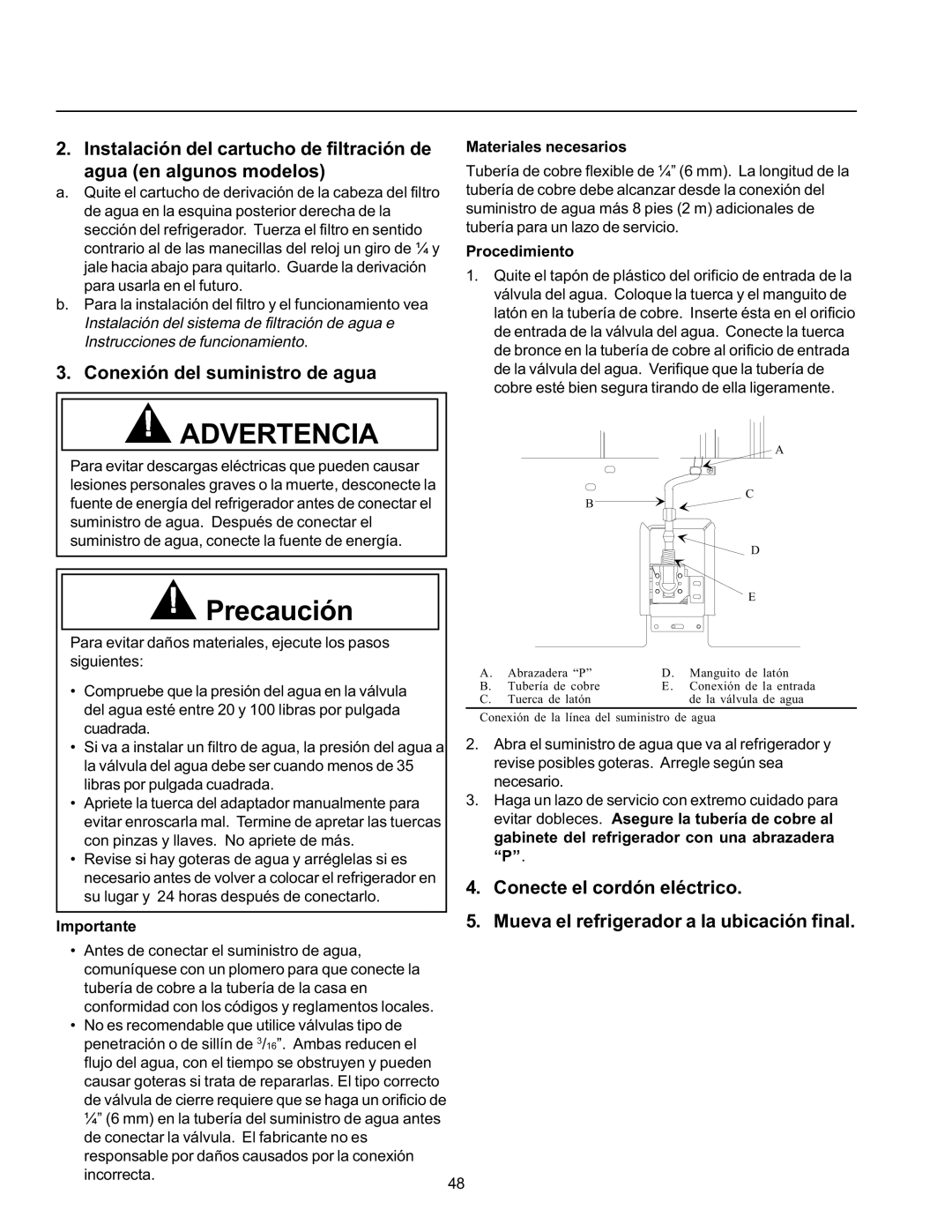 Amana SBD21VL, SRD26VE, SBDE21VPSE, SBD21VE Conexión del suministro de agua, Importante Materiales necesarios, Procedimiento 