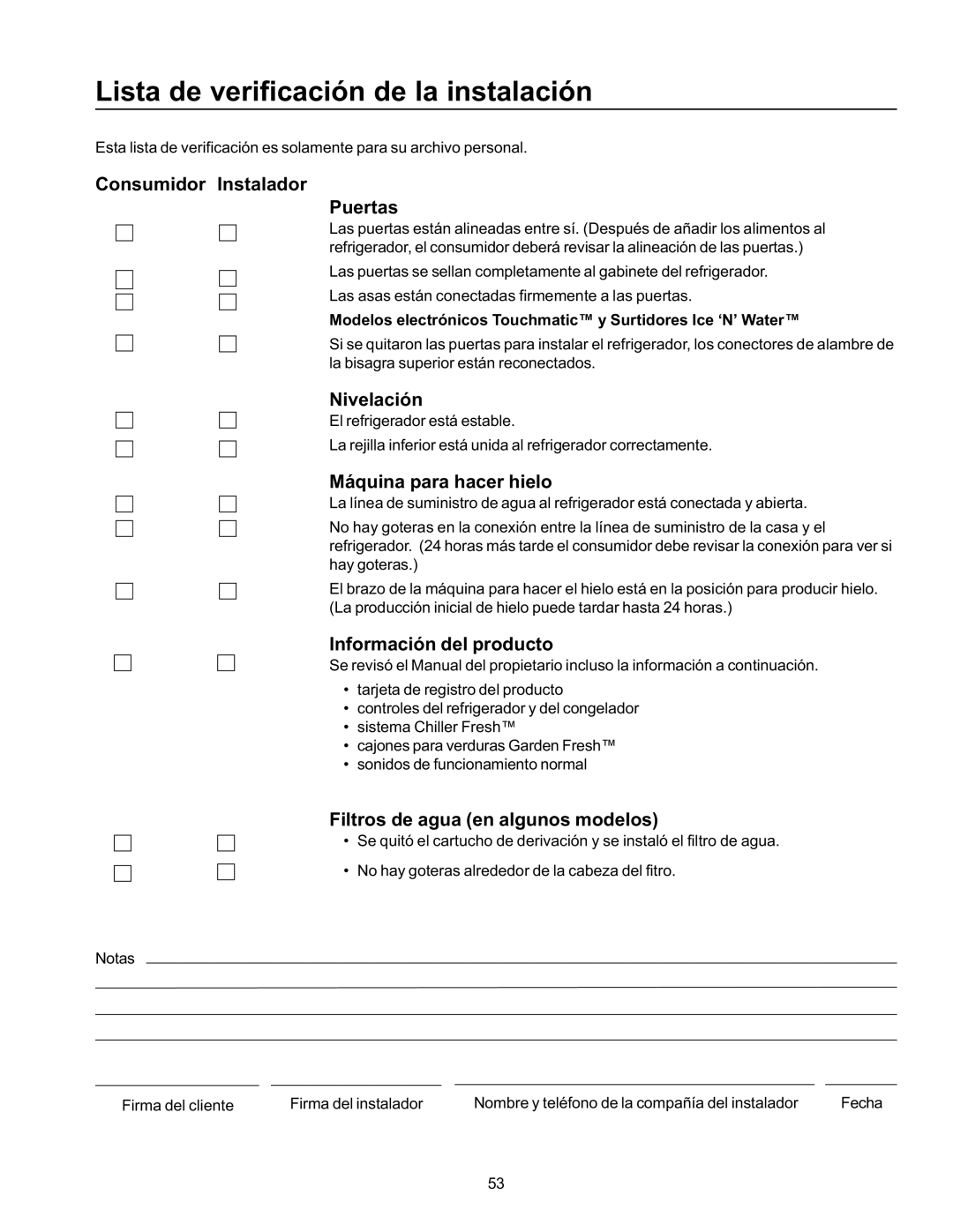 Amana SRD23VPSE, SRD26VE, SBDE21VPSE, SBD21VL, SBD21VE, SRD21VW, SRD23VL, SBD21VPE Lista de verificación de la instalación 