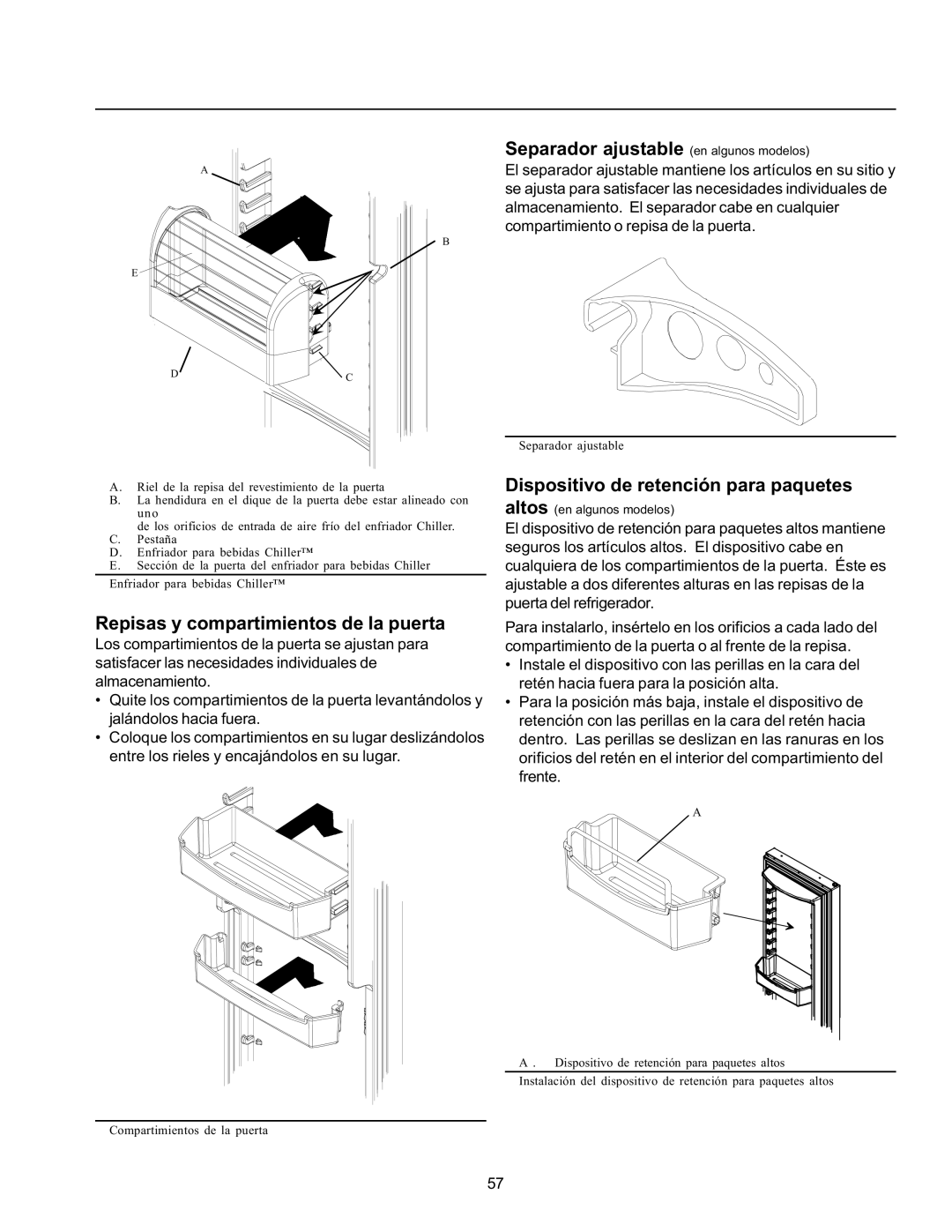 Amana SPD26VL, SRD26VE, SBDE21VPSE, SBD21VL Separador ajustable en algunos modelos, Repisas y compartimientos de la puerta 