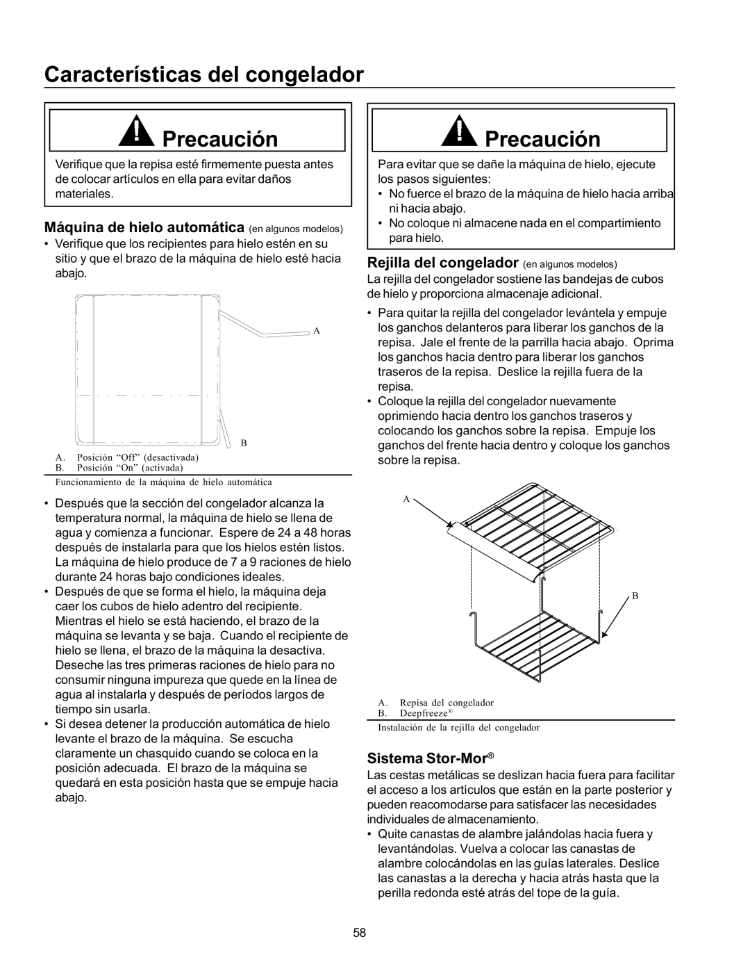 Amana SRD26VPE Características del congelador Precaución, Máquina de hielo automática en algunos modelos, Sistema Stor-Mor 