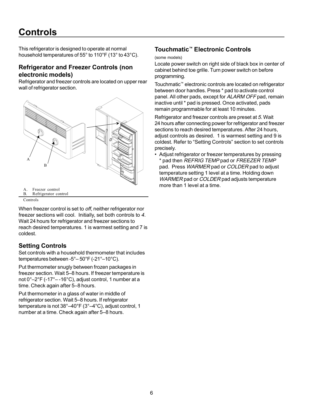 Amana SBD21VPE, SRD26VE, SBDE21VPSE, SBD21VL Refrigerator and Freezer Controls non electronic models, Setting Controls 