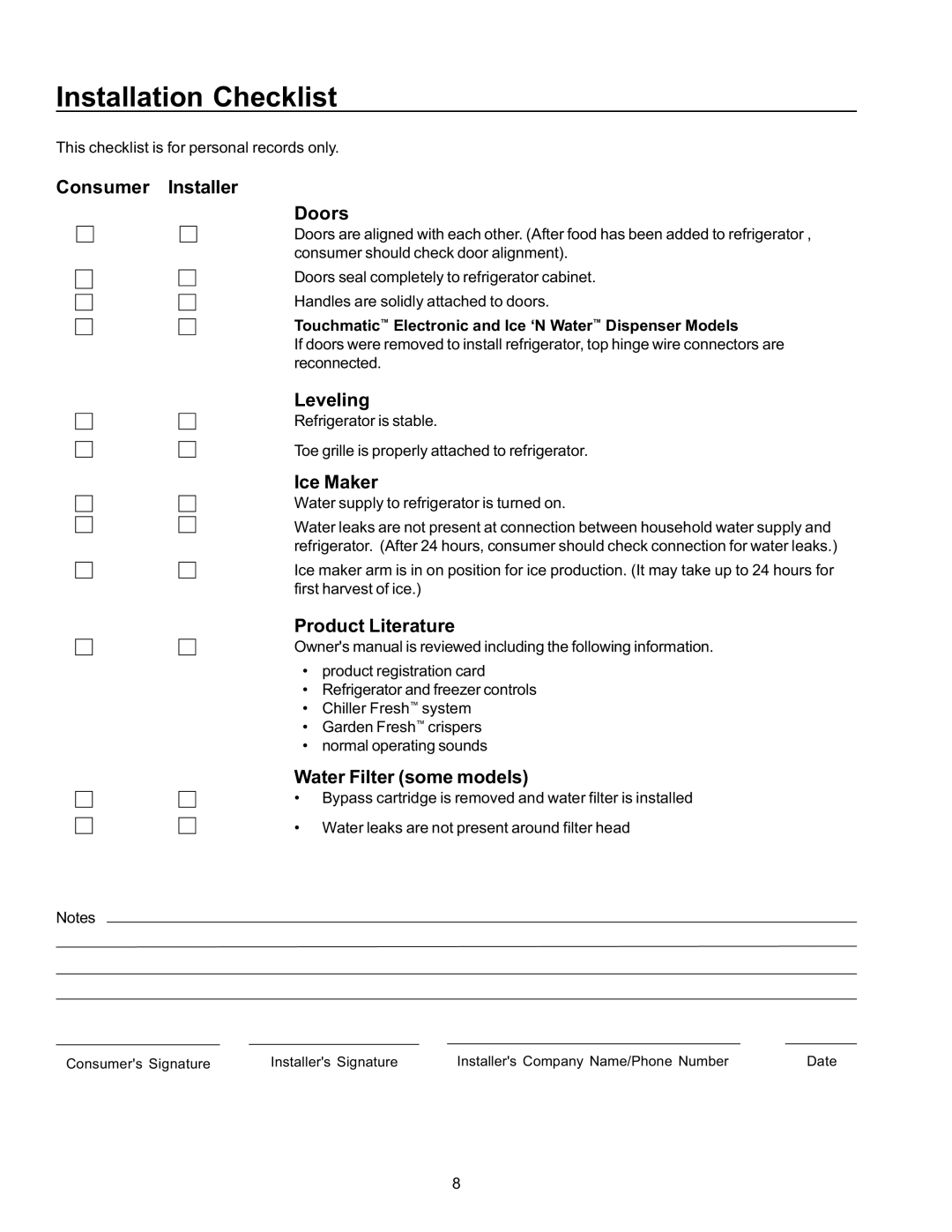 Amana SPD26VW, SRD26VE, SBDE21VPSE, SBD21VL, SBD21VE, SRD21VW, SRD23VL, SBD21VPE, SRD23VPSE, SRD26VPSE Installation Checklist 