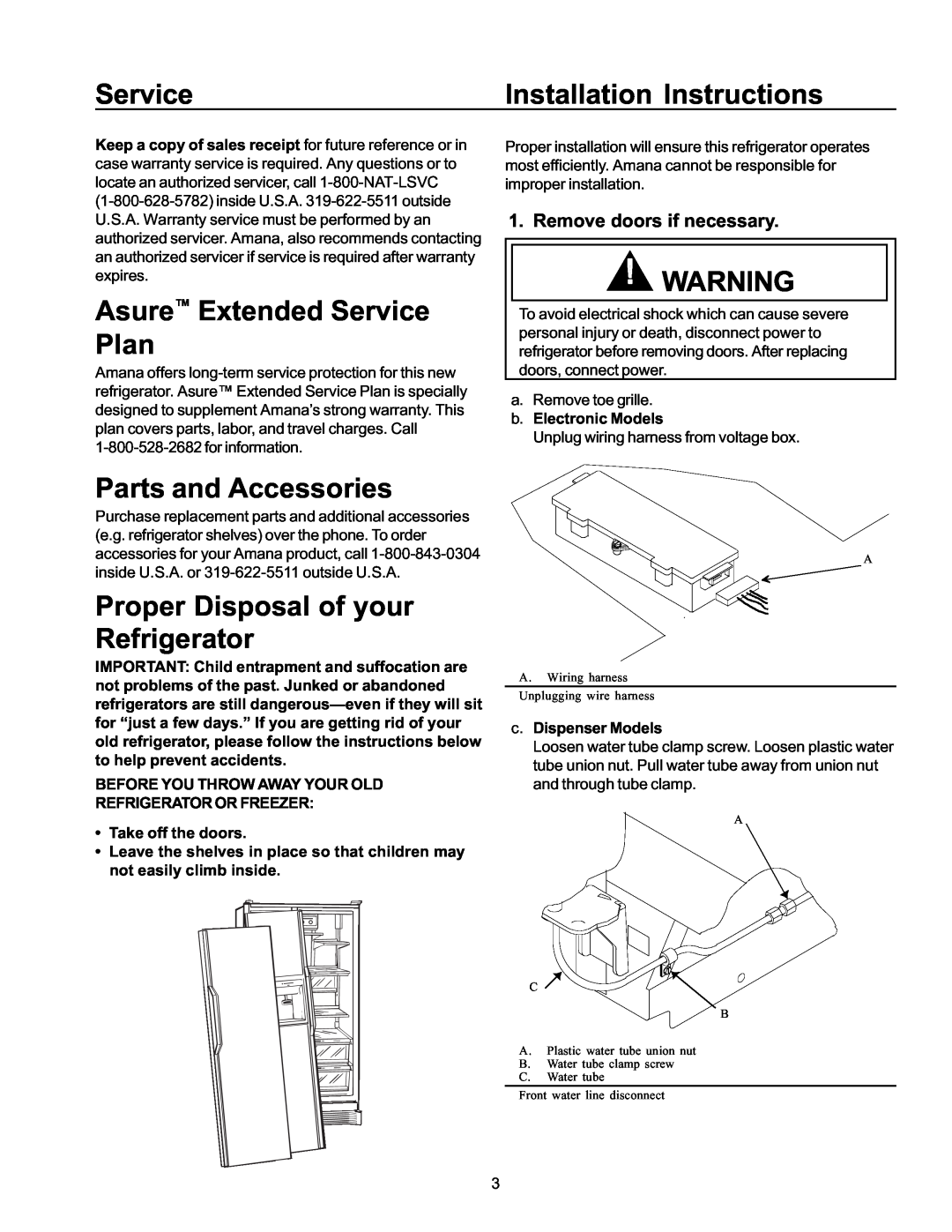 Amana SBD21VE Installation Instructions, Asure Extended Service Plan, Parts and Accessories, Remove doors if necessary 