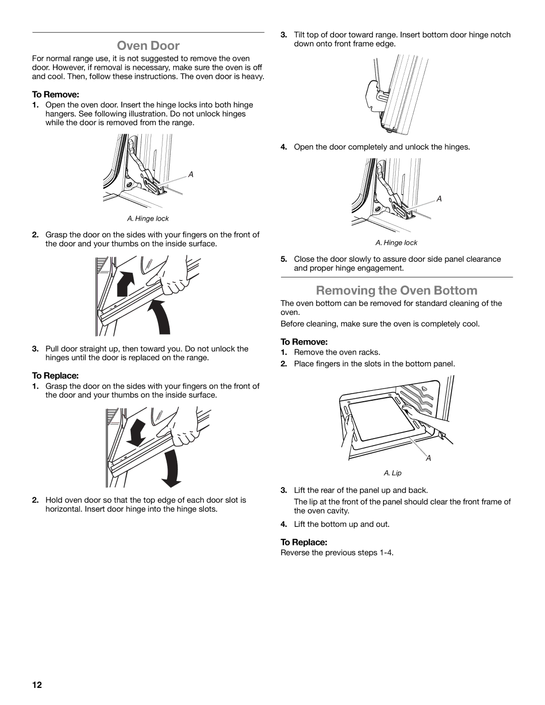 Amana standard cleaning gas range manual Oven Door, Removing the Oven Bottom, To Remove 