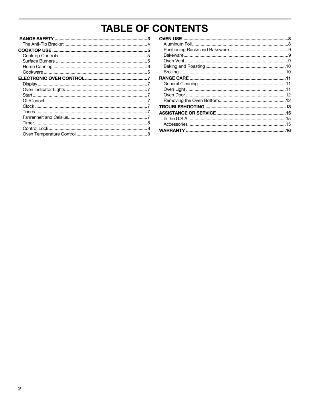 Amana standard cleaning gas range manual Table of Contents 