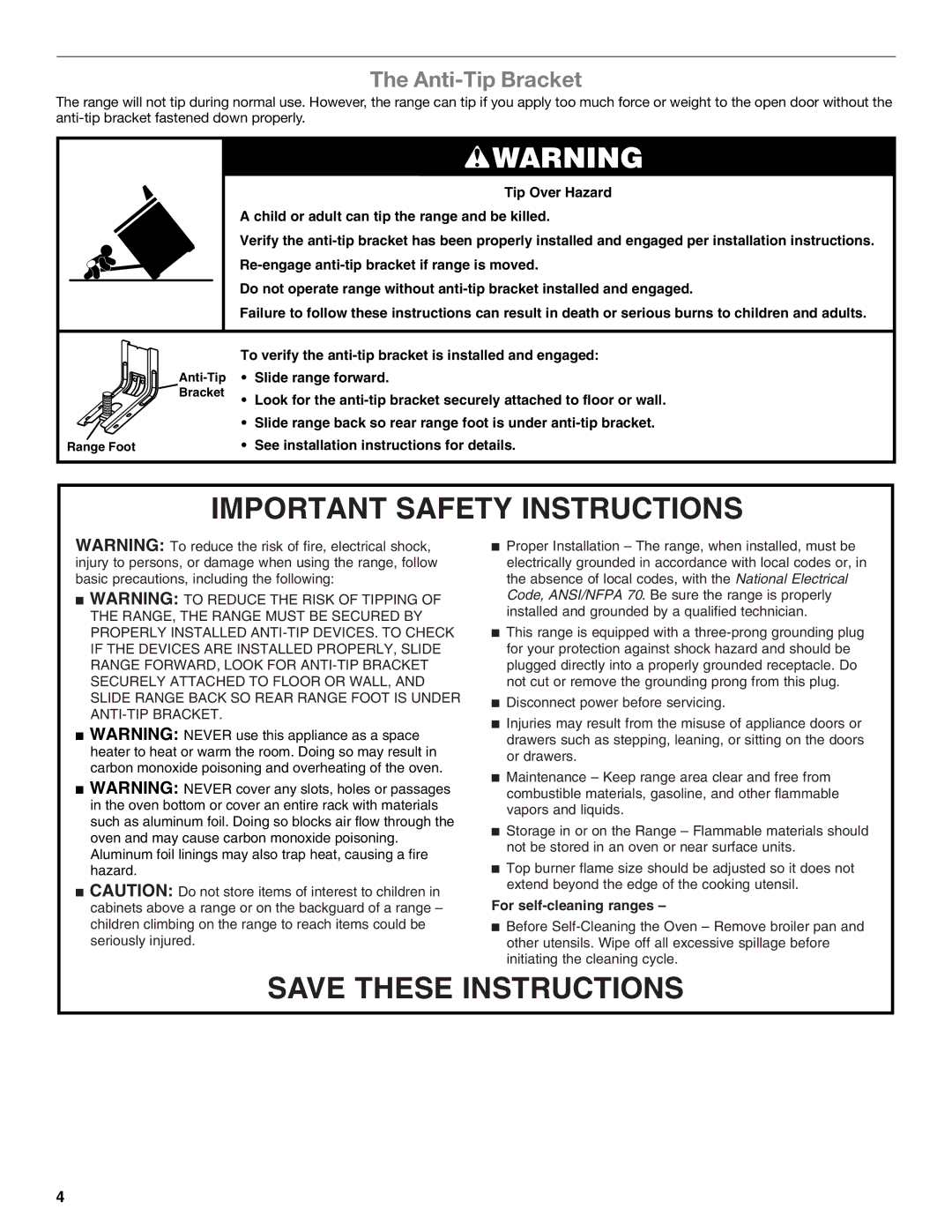 Amana standard cleaning gas range manual Important Safety Instructions, Anti-Tip Bracket 