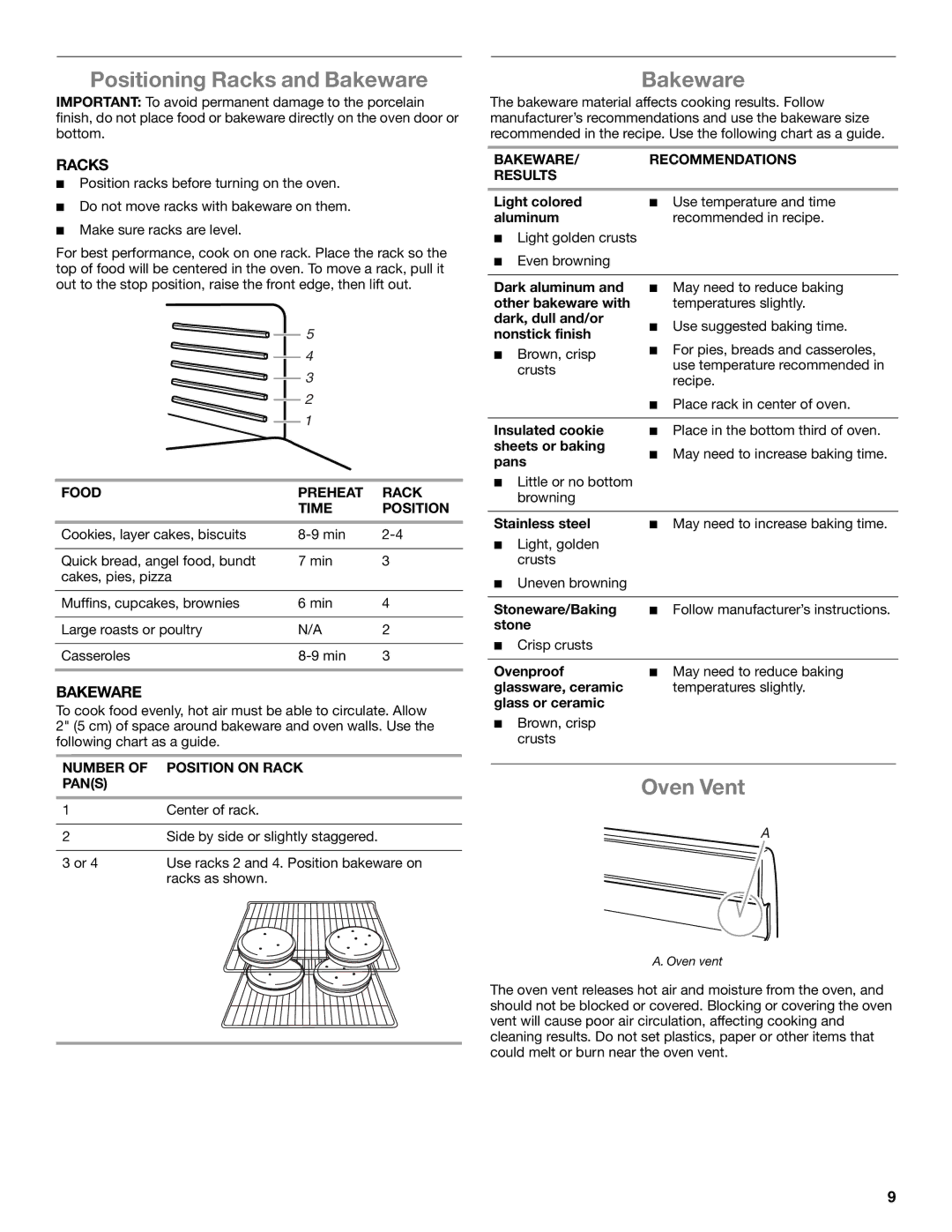 Amana standard cleaning gas range manual Positioning Racks and Bakeware, Oven Vent 