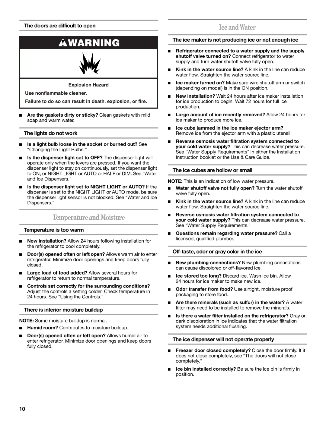 Amana T1WG2L, T2RFWG2 installation instructions Temperature and Moisture, Ice and Water 