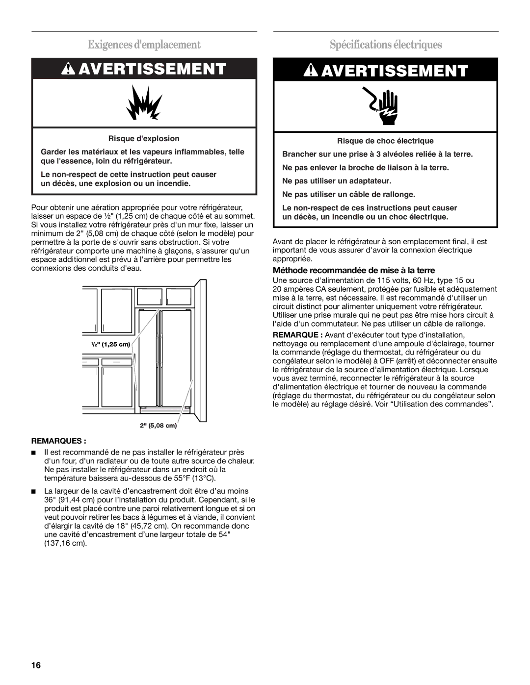 Amana T1WG2L Exigences demplacement, Spécifications électriques, Méthode recommandée de mise à la terre, Remarques 