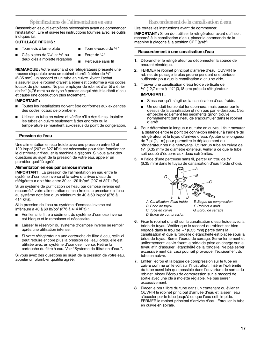 Amana T2RFWG2, T1WG2L Spécifications de l’alimentationen eau, Raccordement de la canalisation deau, Pression de leau 