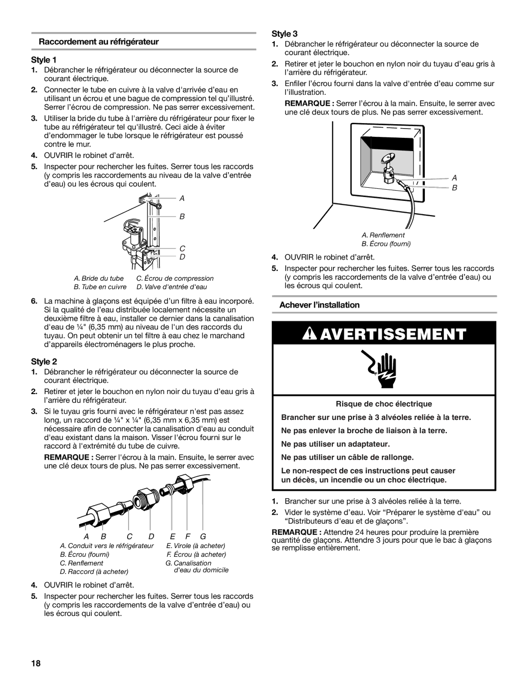 Amana T1WG2L, T2RFWG2 installation instructions Raccordement au réfrigérateur Style, Achever l’installation 