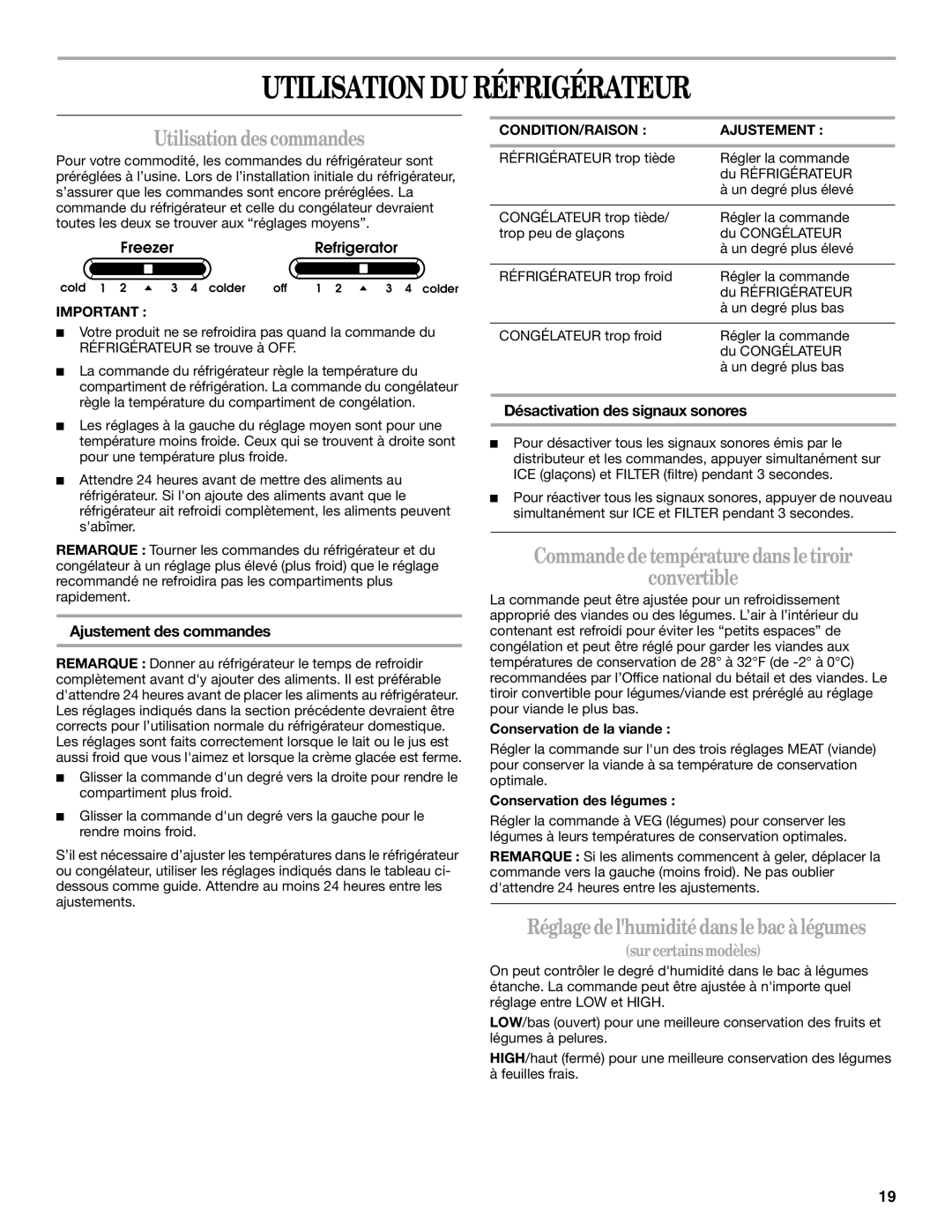 Amana T2RFWG2 Utilisation DU Réfrigérateur, Utilisation des commandes, Commande de température dans le tiroir Convertible 