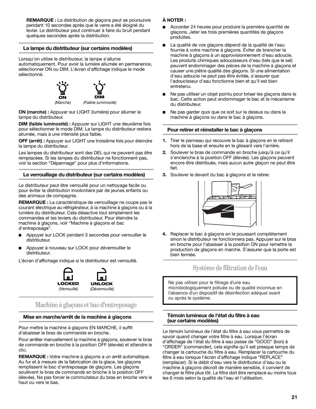 Amana T2RFWG2, T1WG2L installation instructions Machine à glaçons et bac dentreposage, Système defiltrationde leau 